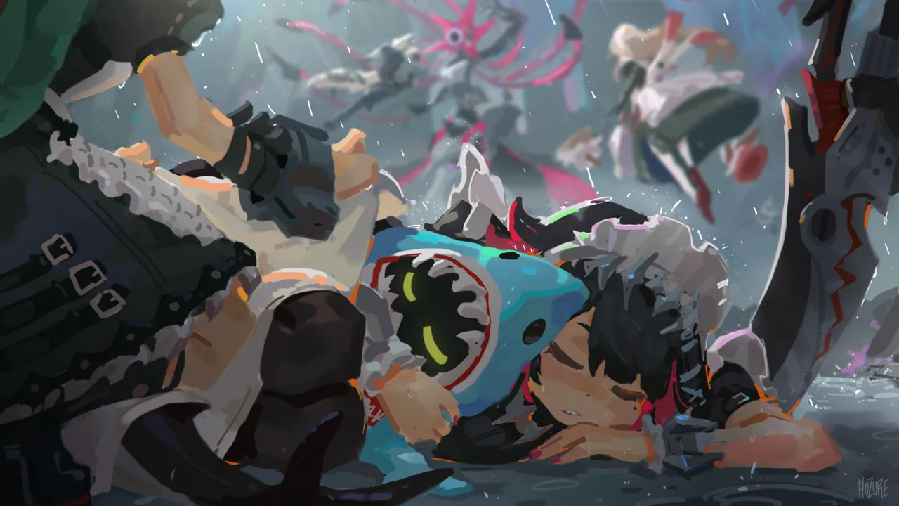 1boy 3girls apron artist_name bangboo__zenless_zone_zero battle black_dress black_hair brown_hair closed_eyes colored_inner_hair covering_with_blanket dress fins fish_tail green_hair long_hair maid maid_apron maid_headdress mole mole_under_eye multicolored_hair multiple_girls on_ground outdoors parted_lips rain red_hair red_nails shark_tail sharp_teeth short_hair sleeping tail teeth white_headdress wrist_cuffs hozure zenless_zone_zero alexandrina_sebastiane__zenless_zone_zero anastella__zenless_zone_zero corin_wickes__zenless_zone_zero drusilla__zenless_zone_zero ellen_joe__zenless_zone_zero nineveh__zenless_zone_zero sharkboo__zenless_zone_zero von_lycaon__zenless_zone_zero