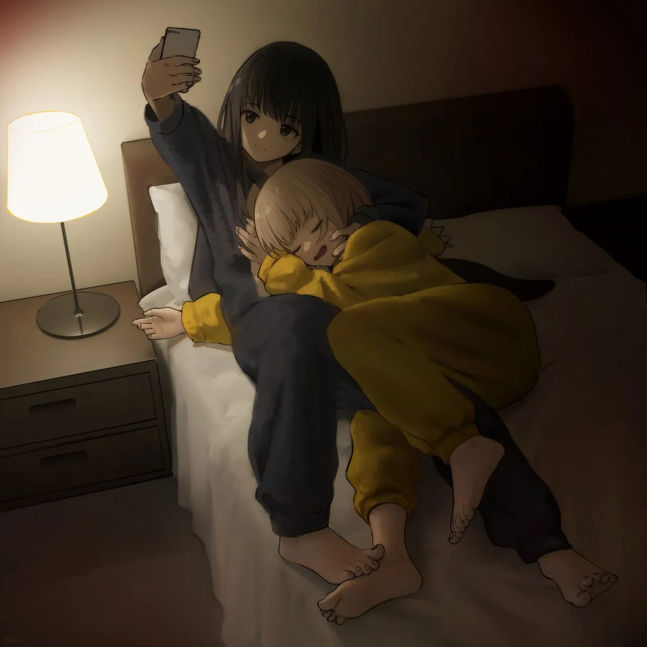 2girls arm_up barefoot bed bed_sheet black_hair blonde_hair cellphone closed_mouth cuddling drawer drooling feet full_body holding holding_phone indoors lamp long_hair long_sleeves looking_at_phone lying_on_person multiple_girls on_bed open_mouth outstretched_arm pajamas phone pillow selfie short_hair sitting sleeping smartphone smile toes yuri songchuan_li lycoris_recoil inoue_takina__lycoris_recoil nishikigi_chisato__lycoris_recoil