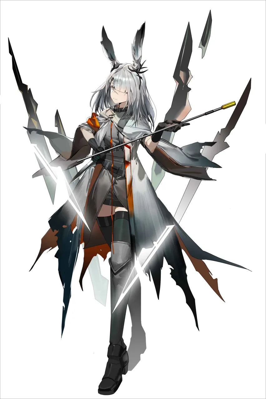 1girl animal_ears belt black_belt black_boots black_gloves black_skirt black_thighhighs boots breasts capelet closed_mouth coat dagger dual_wielding full_body gloves grey_eyes grey_hair grey_shirt hair_ornament hair_over_one_eye hairclip holding holding_dagger holding_knife holding_weapon knee_boots knife looking_at_viewer medium_hair miniskirt open_clothes open_coat orange_ribbon originium_arts__arknights rabbit_ears ribbon scar scar_on_face shirt simple_background skirt small_breasts smile solo thighhighs thighhighs_under_boots thighs weapon white_background white_capelet white_coat zettai_ryouiki bijian_de_linghun arknights frostnova__arknights