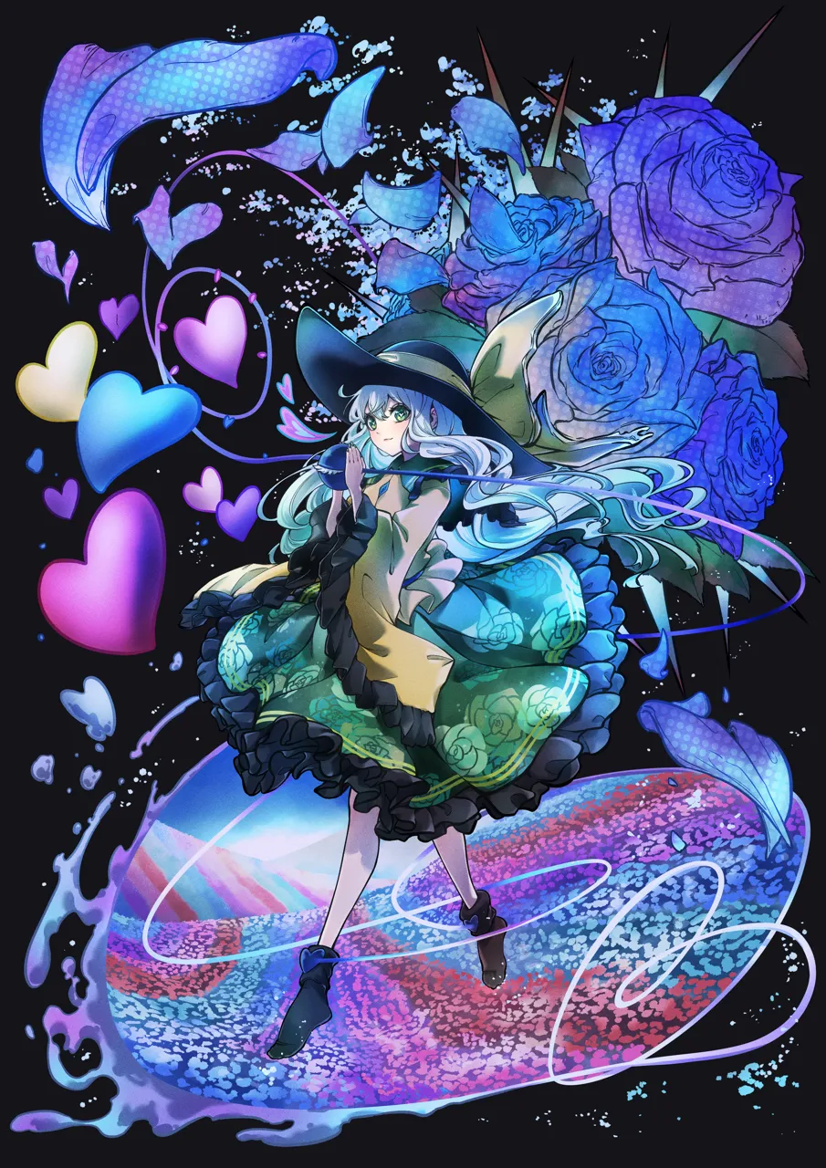 1girl aqua_hair black_background black_boots black_hat blouse blue_flower blue_rose blush boots bow bright_pupils buttons closed_mouth diamond_button eyeball floral_print flower frilled_shirt_collar frilled_skirt frilled_sleeves frills full_body green_skirt hair_between_eyes hands_up hat hat_bow hat_ribbon heart heart_shaped_pupils long_hair long_sleeves ribbon rose rose_print shirt sidelocks simple_background skirt smile solo spikes standing symbol_shaped_pupils third_eye thorns wavy_hair wide_sleeves yellow_bow yellow_ribbon yellow_shirt taiju__gr09kuma touhou komeiji_koishi__touhou