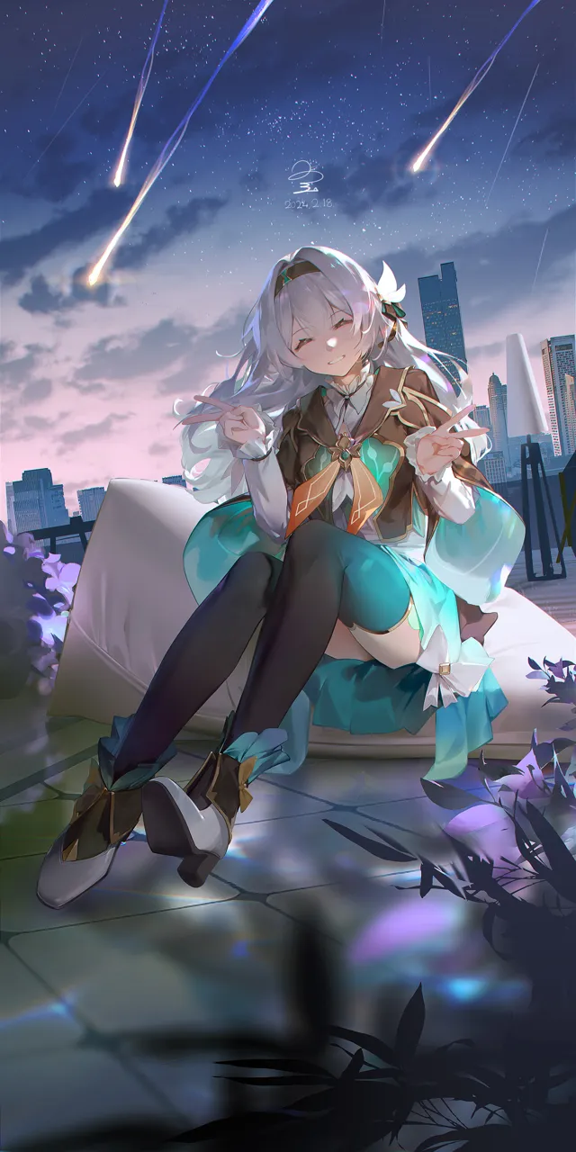 1girl black_thighhighs city closed_eyes double_v dress facing_viewer grin hairband high_heels long_hair night night_sky outdoors shooting_star sitting sky smile solo star__sky starry_sky thighhighs white_hair ribao honkai__star_rail honkai__series firefly__honkai__star_rail