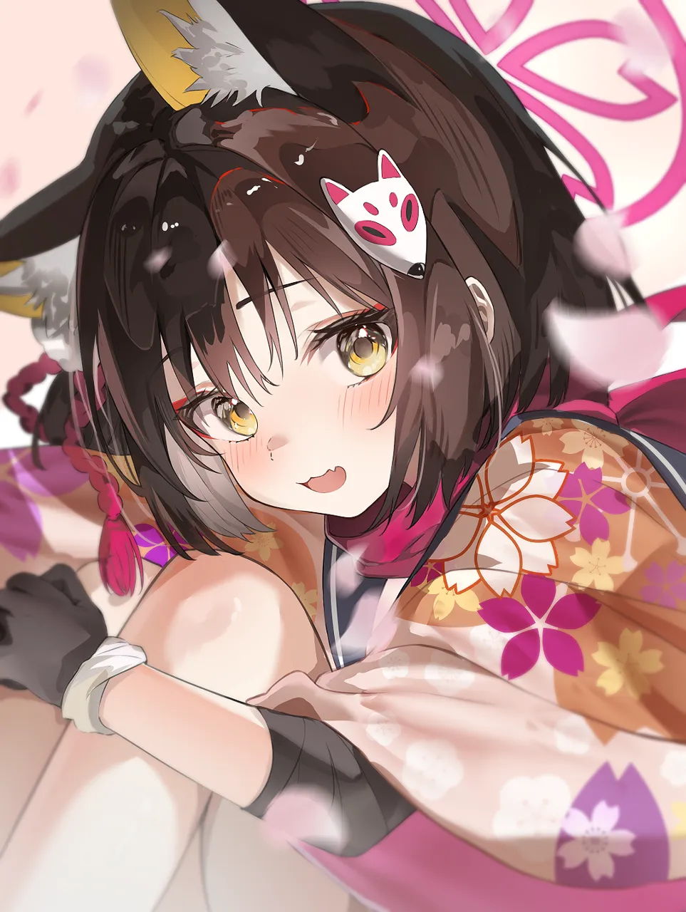 1girl animal_ear_fluff animal_ears black_gloves black_hair blurry blush depth_of_field extra_ears falling_petals fang floral_print floral_print_kimono fox_ears fox_mask gloves hair_ornament halo hugging_own_legs japanese_clothes kimono knees_up looking_at_viewer mask mask_on_head open_mouth petals pink_halo pink_kimono pink_petals pom_pom__clothes pom_pom_hair_ornament print_kimono rope shimenawa short_hair sitting skin_fang smile solo upper_body yellow_eyes umou__umouawa blue_archive izuna__blue_archive