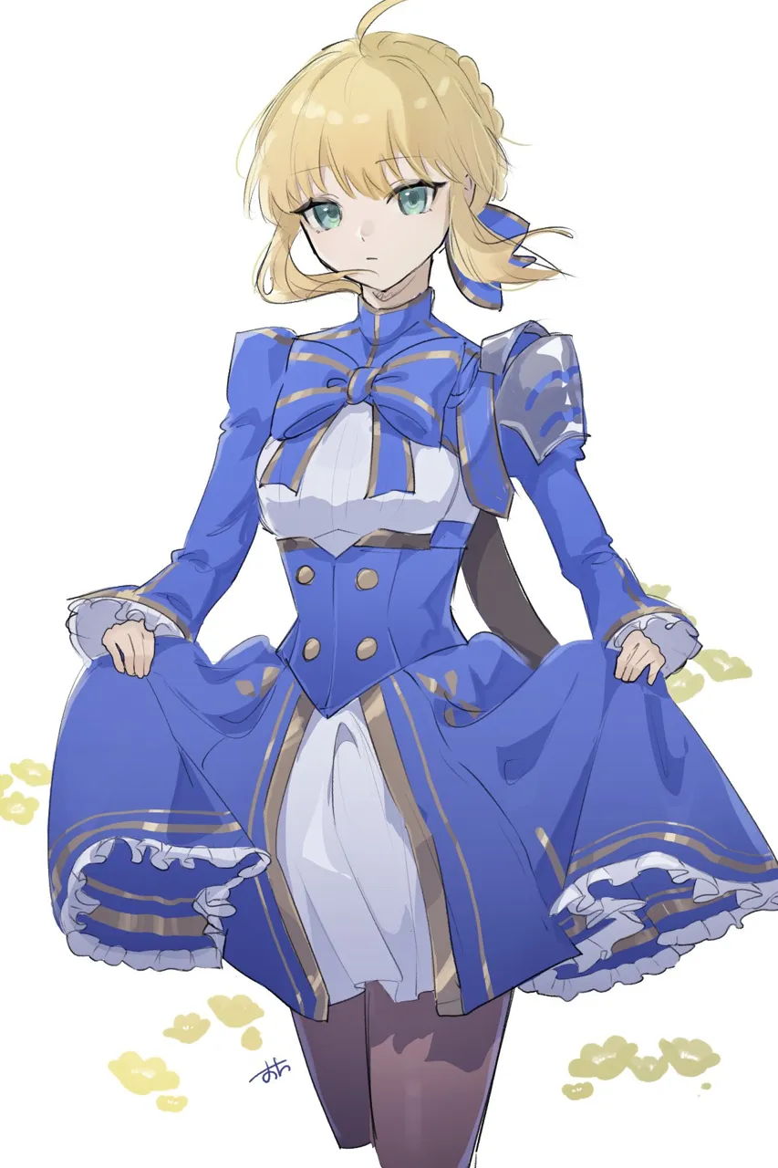 1girl ahoge armor blue_bow blue_bowtie blue_dress blue_ribbon bow bowtie brown_pantyhose buttons closed_mouth dress floating_hair gold_trim green_eyes hair_ribbon long_sleeves official_alternate_costume pantyhose pauldrons ribbon short_hair shoulder_armor simple_background single_pauldron solo white_background suwa__swk_kkk fate_stay_night fate_unlimited_blade_works fate__series honkai__series artoria_pendragon__fate saber__fate saber__honkai__star_rail__fate