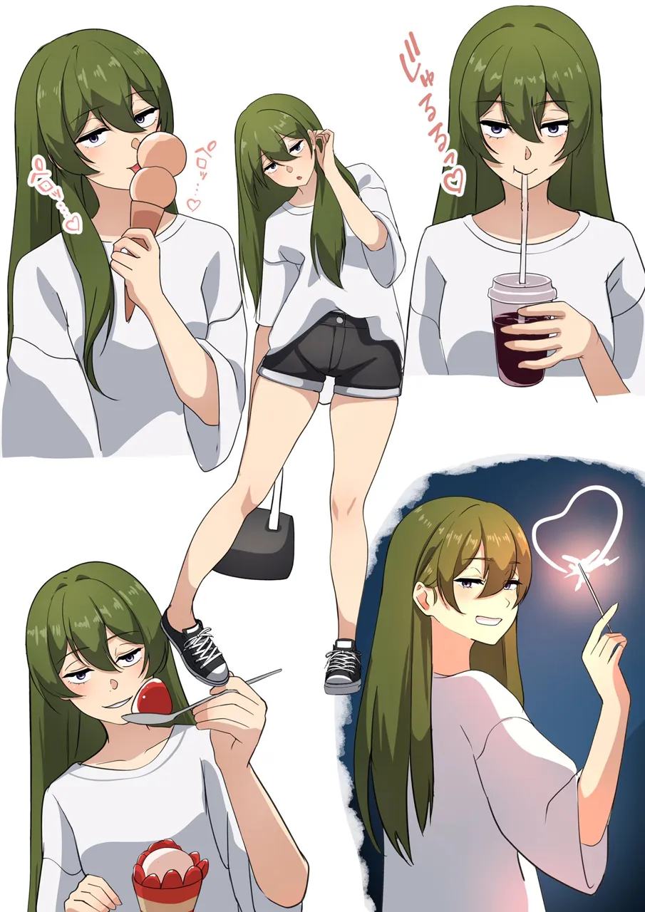 1girl alternate_costume alternate_hairstyle black_shorts cup denim denim_shorts disposable_cup drinking_glass fireworks food green_hair holding holding_cup holding_fireworks holding_food holding_ice_cream holding_spoon ice_cream ice_cream_cone long_hair looking_at_viewer multiple_views purple_eyes shirt shoes short_shorts short_sleeves shorts sneakers sparkler spoon white_shirt yami_anko sousou_no_frieren ubel__sousou_no_frieren