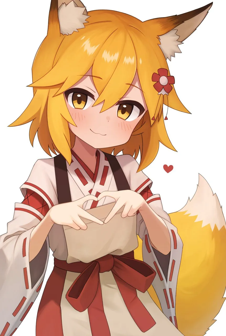 1girl animal_ear_fluff animal_ears blonde_hair blush closed_mouth detached_sleeves eyebrows_visible_through_hair flower fox_ears fox_girl fox_shadow_puppet fox_tail hair_between_eyes hair_flower hair_ornament heart heart_hands japanese_clothes kimono long_sleeves looking_at_viewer miko ribbon_trim ribbon_trimmed_sleeves simple_background skirt smile solo tail white_background white_kimono wide_sleeves sewayaki_kitsune_no_senko_san senko__sewayaki_kitsune_no_senko_san