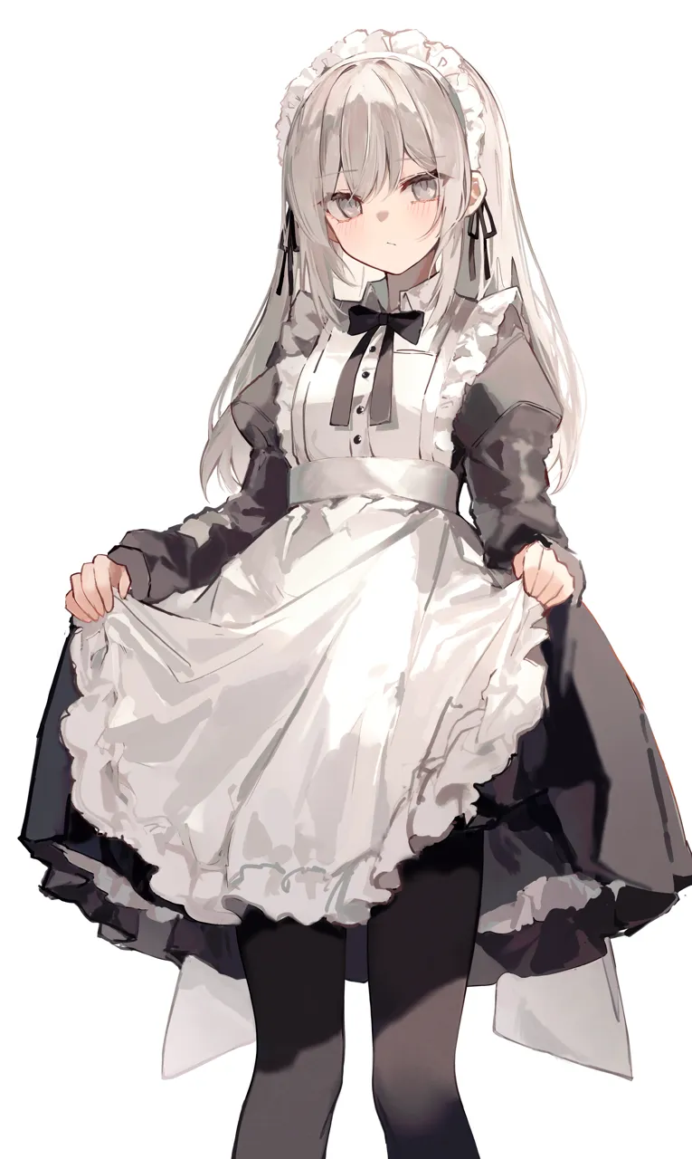 1girl apron black_dress black_pantyhose black_ribbon cowboy_shot dress expressionless frilled_dress frills grey_eyes grey_hair long_hair long_sleeves maid maid_apron maid_headdress neck_ribbon pantyhose ribbon simple_background skirt_hold solo white_apron white_background kokao358