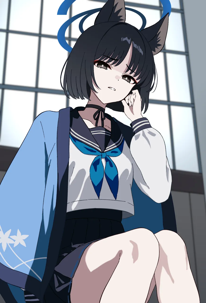 1girl animal_ears black_hair black_sailor_collar black_skirt blue_halo blue_neckerchief brown_eyes cat_ears eyeliner feet_out_of_frame halo haori japanese_clothes long_sleeves looking_at_viewer makeup neckerchief open_mouth pleated_skirt red_eyeliner sailor_collar school_uniform serafuku short_hair shouji sitting skirt sliding_doors solo pogeepoge blue_archive kikyou__blue_archive