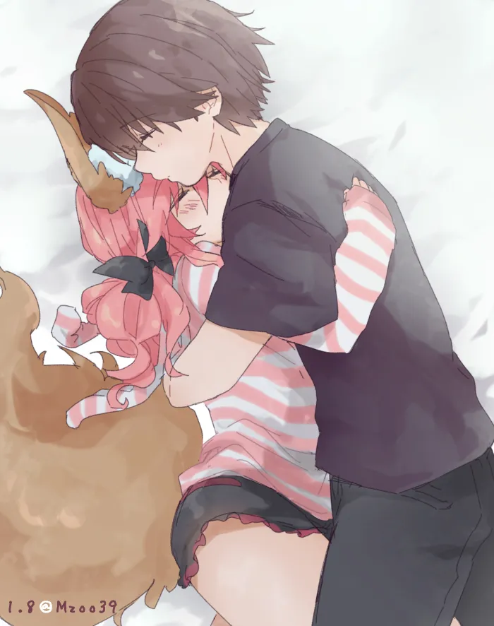 1boy 1girl animal_ear_fluff animal_ears artist_name black_bow black_shirt blush bow brown_hair closed_eyes couple cuddling fox_ears fox_girl fox_tail hair_between_eyes hair_bow hetero hood hoodie hug long_hair long_sleeves lying on_bed on_side pink_hair pink_hoodie shirt short_shorts short_sleeves shorts sleeping striped_clothes striped_hoodie tail twitter_username osakana__rrg0123 fate_extra fate_extra_ccc fate__series kishinami_hakuno__male tamamo__fate tamamo_no_mae__fate_extra tamamo_no_mae__spring_casual__fate