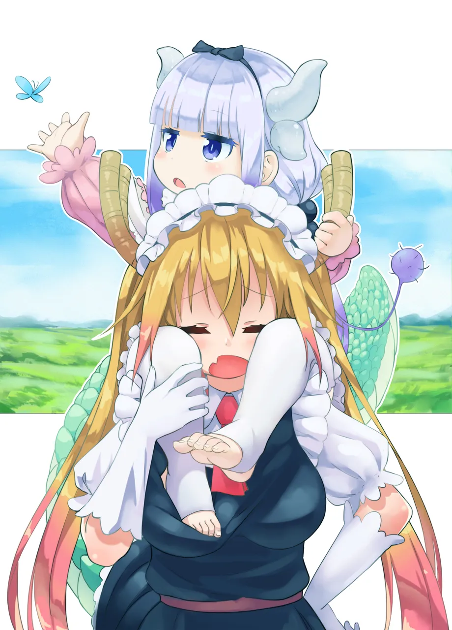 2girls barefoot beads blonde_hair blue_eyes blunt_bangs blush breasts bug butterfly capelet carrying closed_eyes dragon_girl dragon_horns dragon_tail dress feet gloves hair_beads hair_ornament hairband horn_grab horns large_breasts long_hair maid maid_headdress multiple_girls necktie open_mouth pain purple_hair red_necktie short_necktie shoulder_carry square_end_necktie stirrup_legwear tail thighhighs toeless_legwear twintails white_gloves white_thighhighs songchuan_li kobayashi_san_chi_no_maidragon kanna_kamui__kobayashi_san_chi_no_maidragon tohru__maidragon__kobayashi_san_chi_no_maidragon