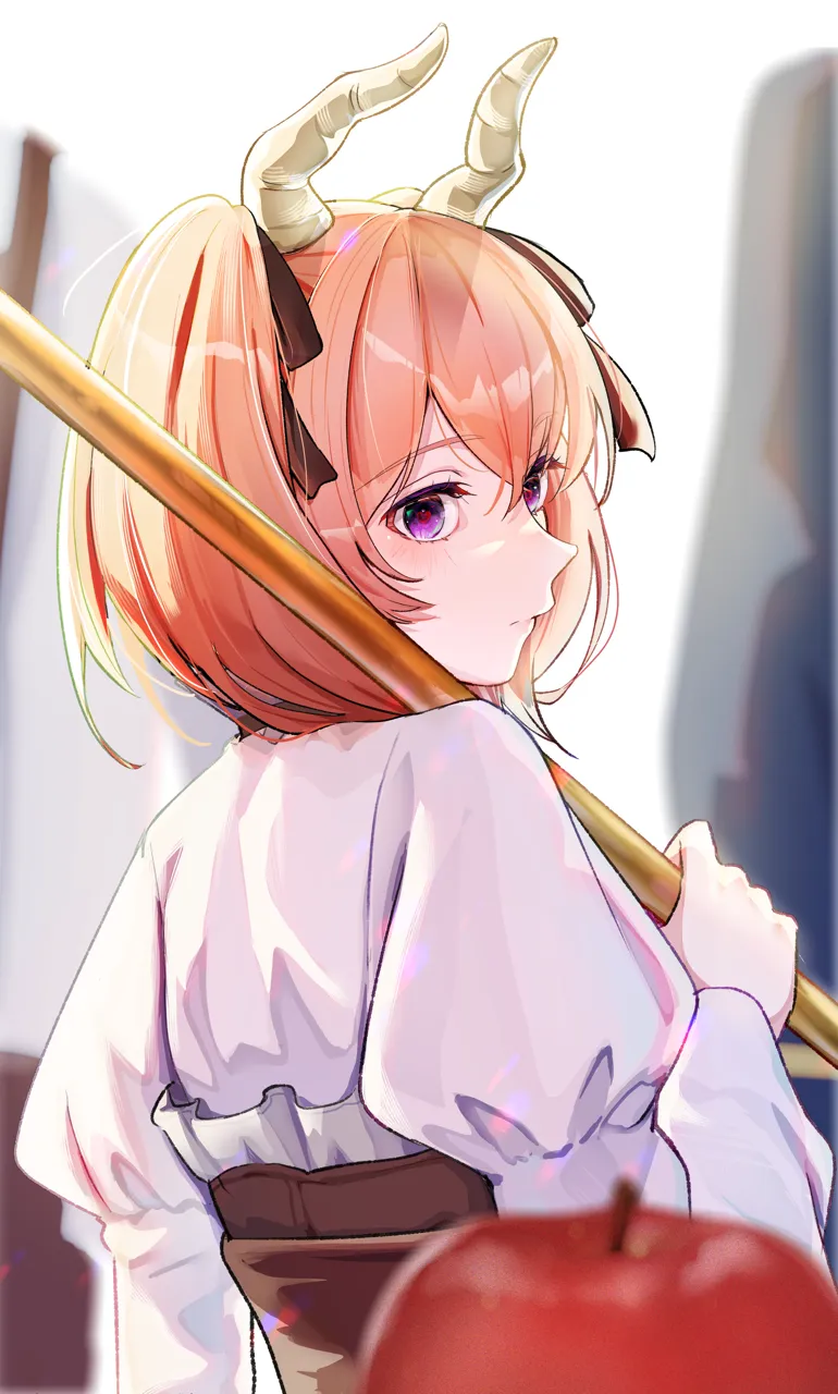 1girl apple blurry blurry_foreground closed_mouth demon_girl demon_horns dress food fruit holding holding_polearm holding_weapon horns long_hair long_sleeves looking_at_viewer looking_back pink_hair polearm purple_eyes short_twintails solo standing twintails upper_body weapon white_dress yami_anko sousou_no_frieren linie__sousou_no_frieren