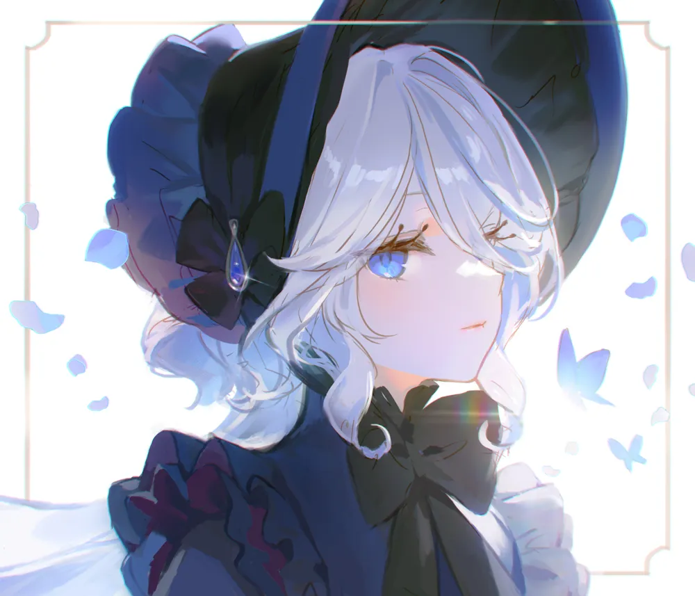 1girl black_bow black_bowtie blue_butterfly blue_eyes blue_gemstone blue_petals bonnet bow bowtie bug butterfly collar dress drop_shaped_pupils eyelash_ornament frilled_bonnet frilled_collar frilled_dress frills gem hair_between_eyes hat lens_flare multicolored_hair solo streaked_hair symbol_shaped_pupils white_background white_hair adelie_cat genshin_impact furina__genshin_impact