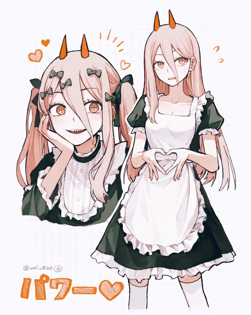 1girl alternate_costume apron black_dress dress enmaided flying_sweatdrops frilled_apron green_dress hair_between_eyes hand_on_own_face heart heart_hands horns long_hair looking_at_viewer maid maid_apron multiple_girls open_mouth pink_hair red_horns sharp_teeth smile teeth thighhighs white_apron uni_520 chainsaw_man power__chainsaw_man