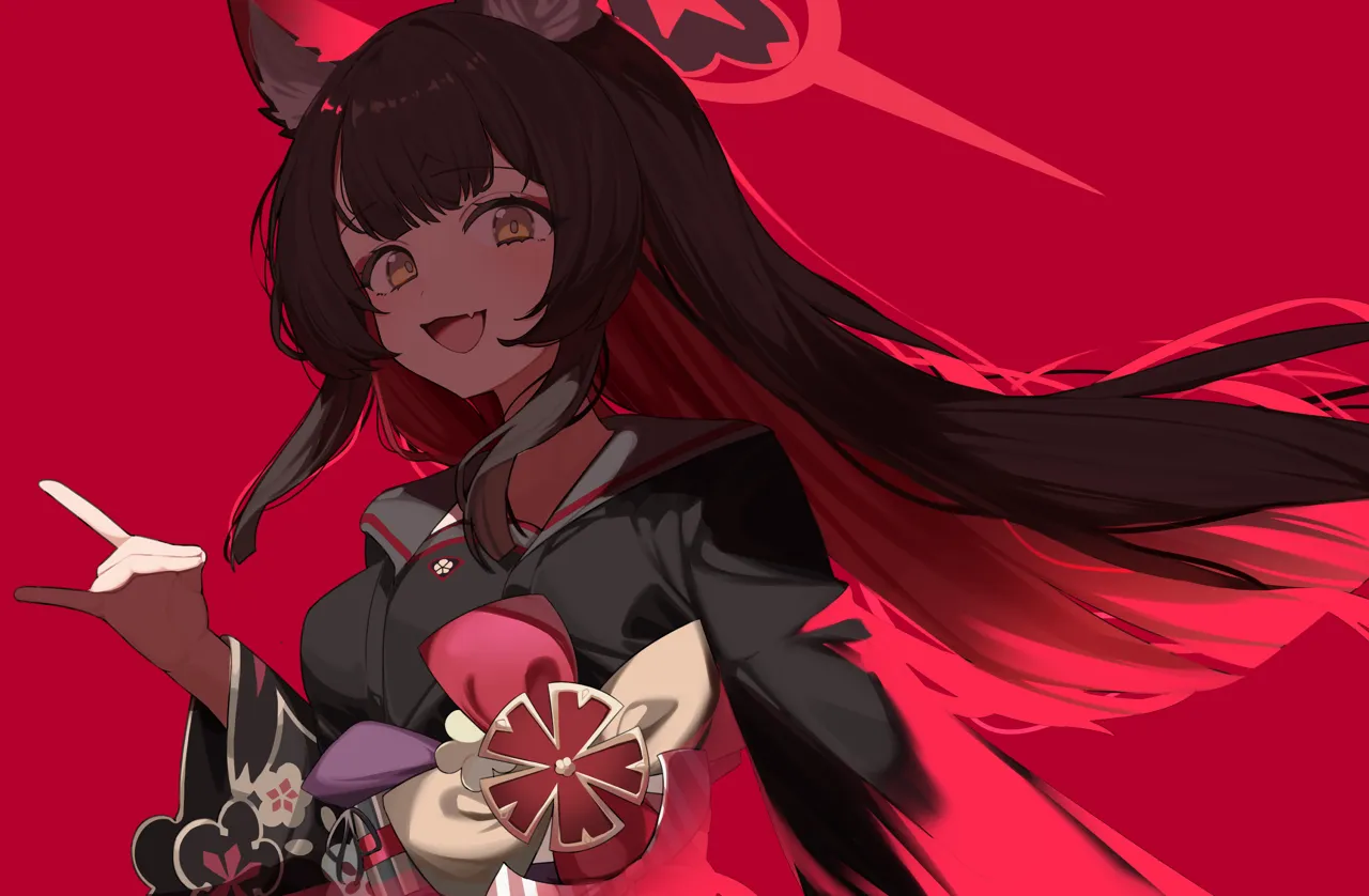 1girl animal_ears black_hair black_kimono blush breasts colored_inner_hair fang fox_ears fox_shadow_puppet halo japanese_clothes kimono long_hair long_sleeves looking_at_viewer medium_breasts multicolored_hair obi open_mouth red_background red_hair red_halo sash simple_background skin_fang smile solo wide_sleeves yellow_eyes hijo__nakare2845 blue_archive wakamo__blue_archive