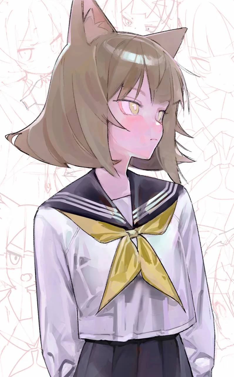 1girl animal_ear_fluff animal_ears black_sailor_collar black_skirt blush brown_hair closed_mouth long_sleeves multiple_views neckerchief open_mouth pleated_skirt sailor_collar school_uniform serafuku short_hair simple_background skirt white_background yellow_eyes yellow_neckerchief saaal653