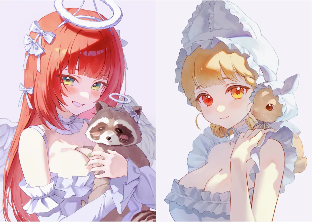 2girls animal_ears blonde_hair breasts cleavage clenched_teeth detached_sleeves dress fake_halo green_eyes grin halo heterochromia large_breasts long_hair long_sleeves multiple_girls rabbit rabbit_ears rabbit_girl raccoon red_eyes red_hair simple_background smile teeth upper_body white_dress white_wings wings yellow_eyes yamisroot zenless_zone_zero alice_thymefield ukinami_yuzuha