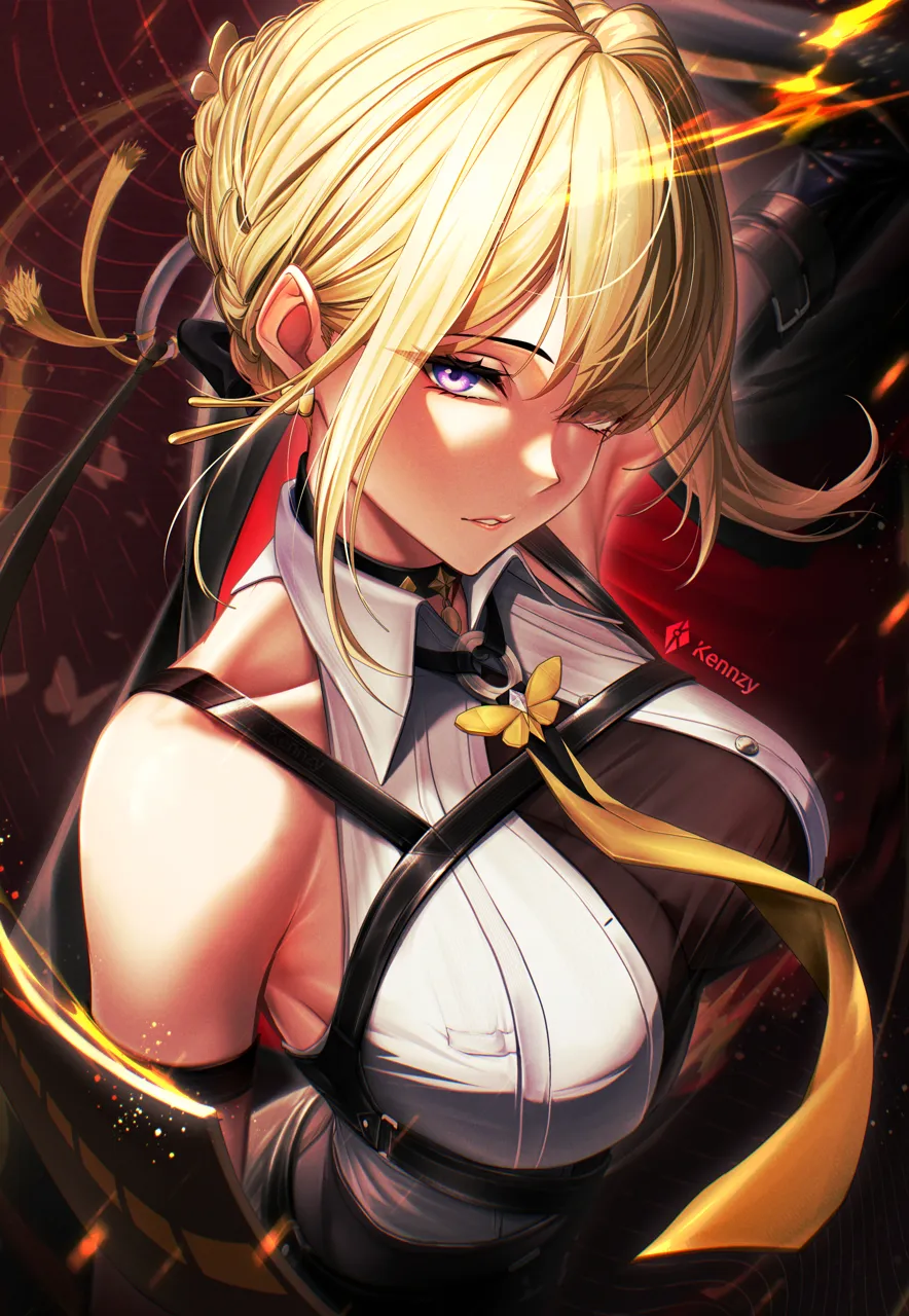 1girl bare_shoulders black_choker blonde_hair breasts choker collared_shirt cowboy_shot earrings eyes_visible_through_hair hair_over_one_eye jewelry large_breasts looking_at_viewer necktie parted_lips purple_eyes ring_hair_ornament shirt short_hair sleeveless sleeveless_shirt solo white_shirt yellow_necktie kenn_artz zenless_zone_zero evelyn_chevalier