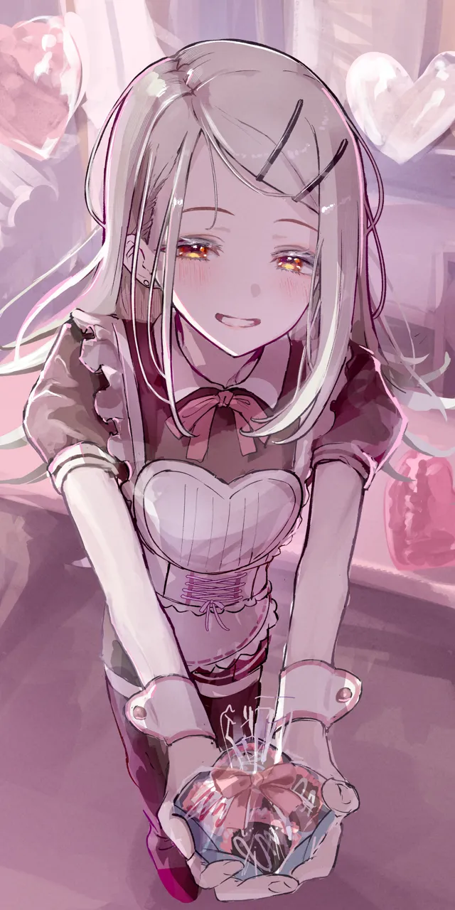 1girl apron bag blonde_hair blush brown_shirt brown_shorts colored_eyelashes cross_laced_clothes earrings fingernails happy_mille_feuille__idolmaster heart incoming_gift jewelry long_hair looking_at_viewer official_alternate_costume orange_eyes plastic_bag puffy_short_sleeves puffy_sleeves shirt short_sleeves shorts smile solo stud_earrings swept_bangs valentine white_apron wrist_cuffs sanshoku_dango__shukosuko gakuen_idolmaster idolmaster shinosawa_hiro__idolmaster