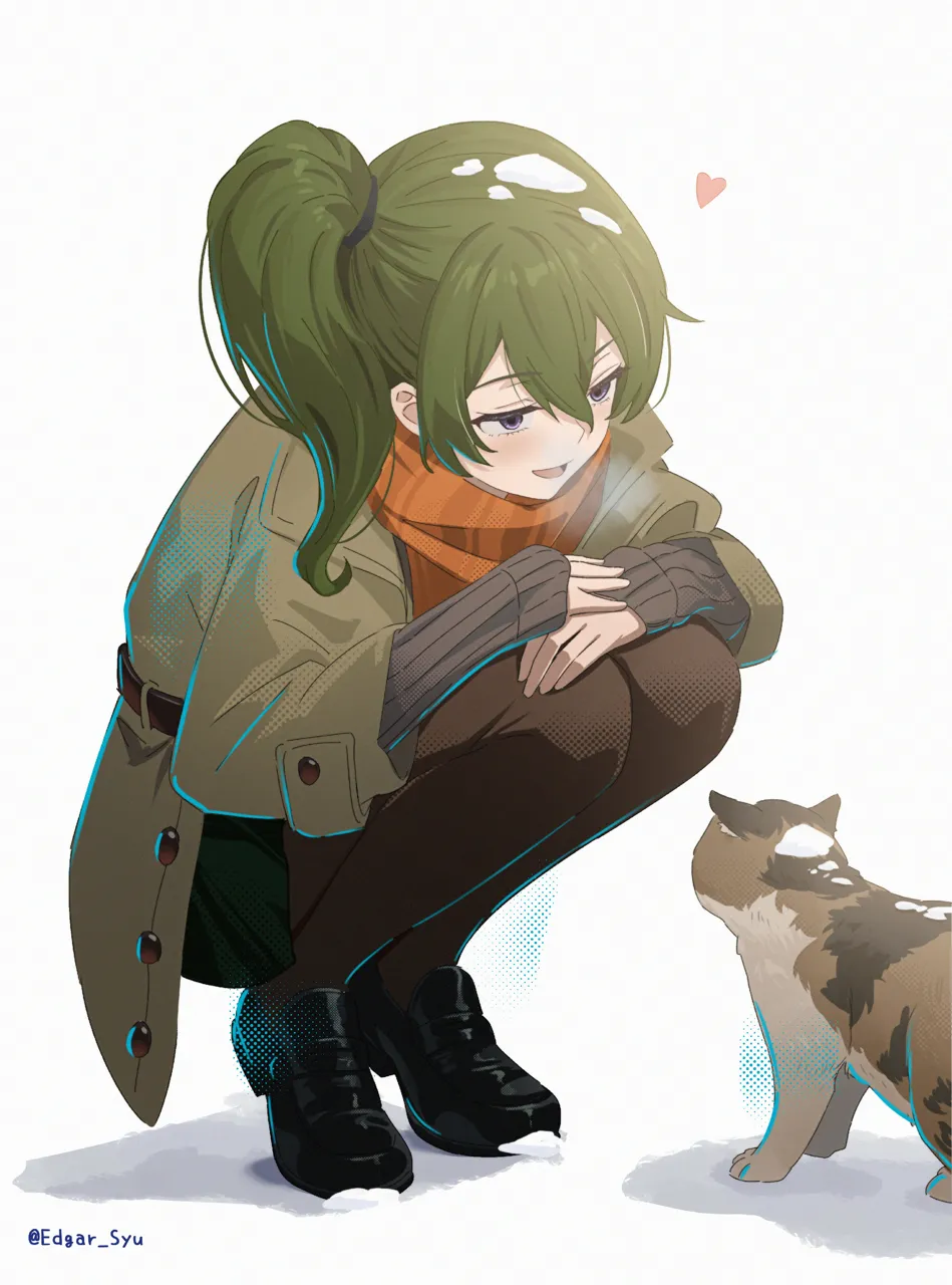 1girl black_pantyhose black_shoes black_skirt brown_coat cat coat green_hair grey_sweater hair_between_eyes heart long_hair long_sleeves open_mouth orange_scarf pantyhose purple_eyes scarf shoes side_ponytail skirt snow solo squatting sweater twitter_username edgar_syu sousou_no_frieren ubel__sousou_no_frieren
