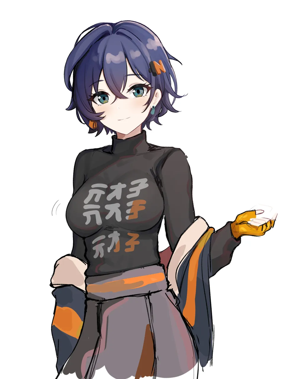 1girl black_shirt blue_hair breasts closed_mouth cowboy_shot crossed_bangs earrings gloves green_eyes hair_between_eyes hair_ornament jewelry letter_hair_ornament long_sleeves looking_at_viewer medium_breasts orange_gloves shirt short_hair simple_background sketch sleeveless sleeveless_jacket smile solo taut_clothes taut_shirt turtleneck white_background mini2chainz zenless_zone_zero belle__zenless_zone_zero