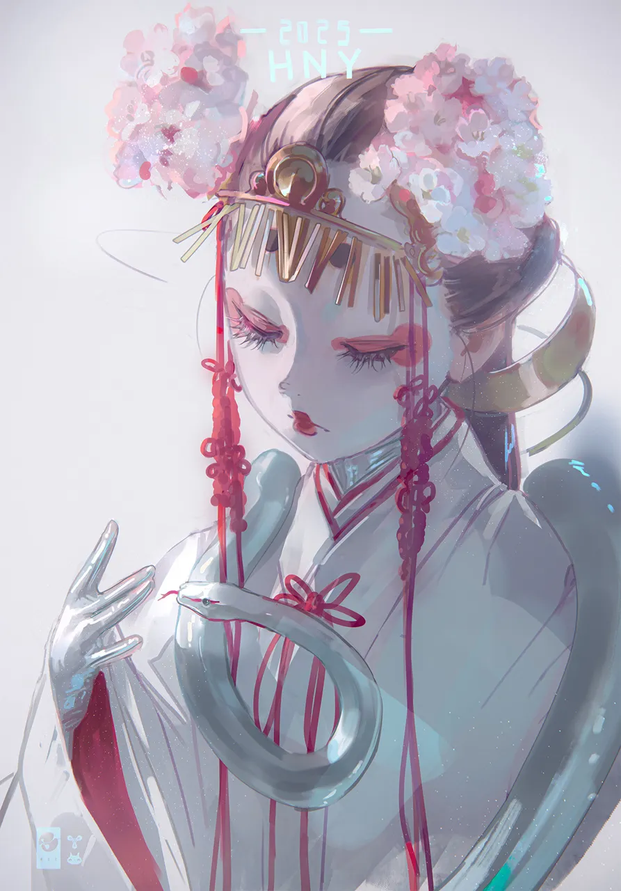 1girl 2025 black_hair chinese_zodiac circlet closed_eyes expressionless eyelashes eyeshadow flower gloves hair_flower hair_ornament japanese_clothes kimono long_hair makeup red_eyeshadow red_lips snake solo upper_body white_facepaint white_kimono white_snake year_of_the_snake 1_2