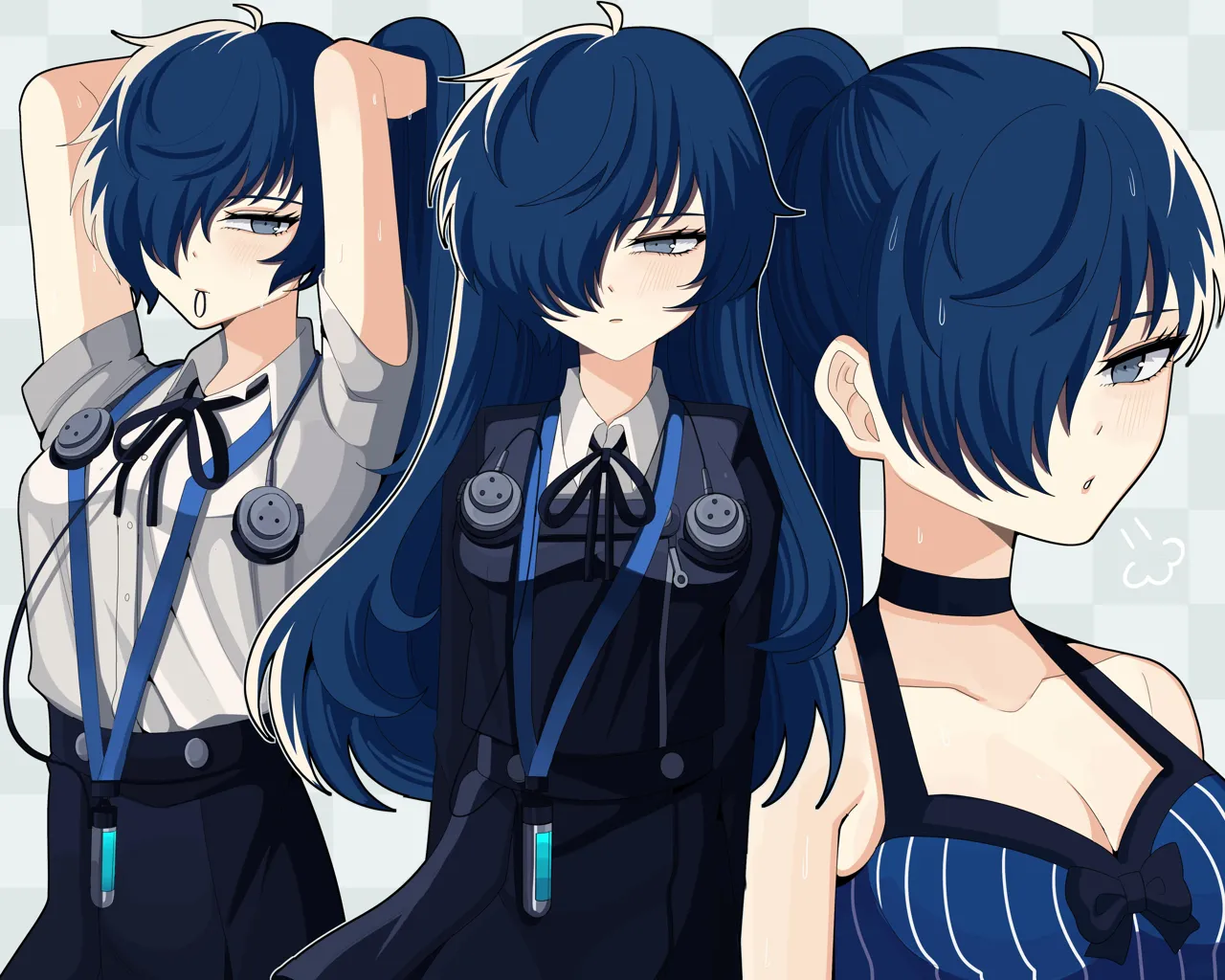 1girl ahoge arms_up bikini black_jacket black_ribbon blue_bikini blue_hair blue_skirt blush breasts cleavage closed_mouth collarbone collared_shirt cowboy_shot expressionless eyelashes gekkoukan_high_school_uniform genderswap genderswap__mtf grey_background grey_eyes grid_background hair_over_one_eye headphones headphones_around_neck jacket long_hair looking_at_viewer medium_breasts mouth_hold multiple_views neck_ribbon one_eye_covered parted_lips ponytail ribbon school_uniform shirt skirt swimsuit tying_hair upper_body white_shirt bobamiruku persona persona_3 yuuki_makoto__persona_3