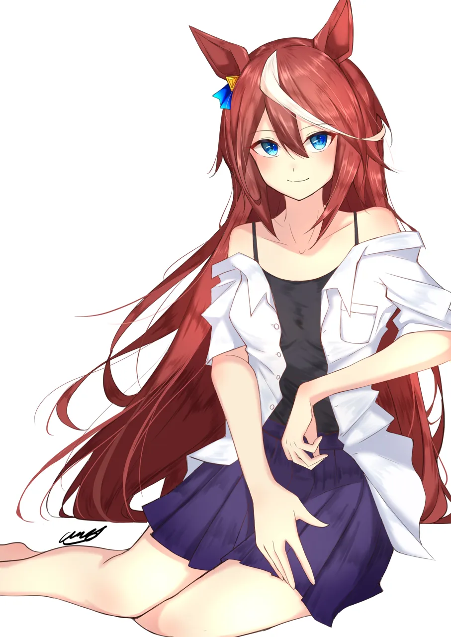 1girl alternate_hairstyle animal_ears bare_shoulders blue_eyes blue_skirt blush breast_pocket breasts brown_hair camisole closed_mouth feet_out_of_frame hair_down horse_ears horse_girl jacket long_hair looking_at_viewer multicolored_hair off_shoulder pocket signature simple_background sitting skirt small_breasts smile solo streaked_hair two_tone_hair white_background white_hair white_jacket yokozuwari amaxa umamusume tokai_teio__umamusume