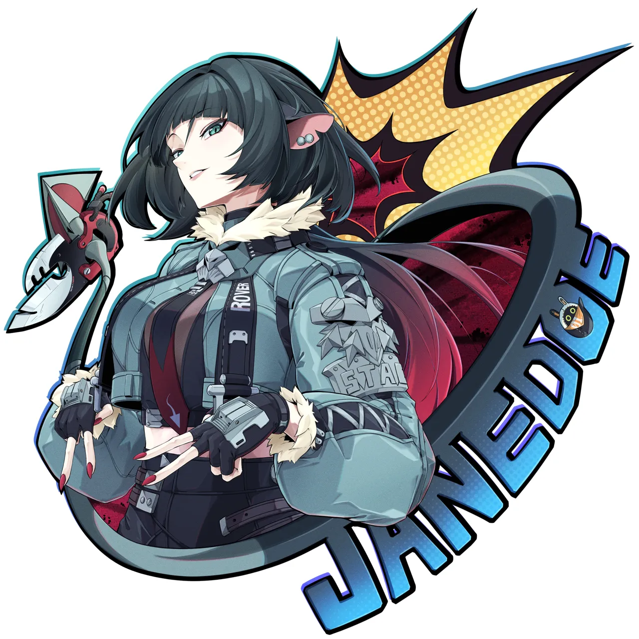 1girl animal_ears black_gloves black_shorts blunt_bangs fingerless_gloves fingernails fur_trimmed_jacket fur_trim gloves green_eyes green_hair green_jacket high_waist_shorts jacket light_smile long_hair looking_at_viewer mouse_ears mouse_girl mouse_tail multicolored_hair nail_polish parted_lips red_hair red_nails shorts sidelocks simple_background solo tail two_tone_hair upper_body white_background taiju__gr09kuma zenless_zone_zero jane_doe__zenless_zone_zero