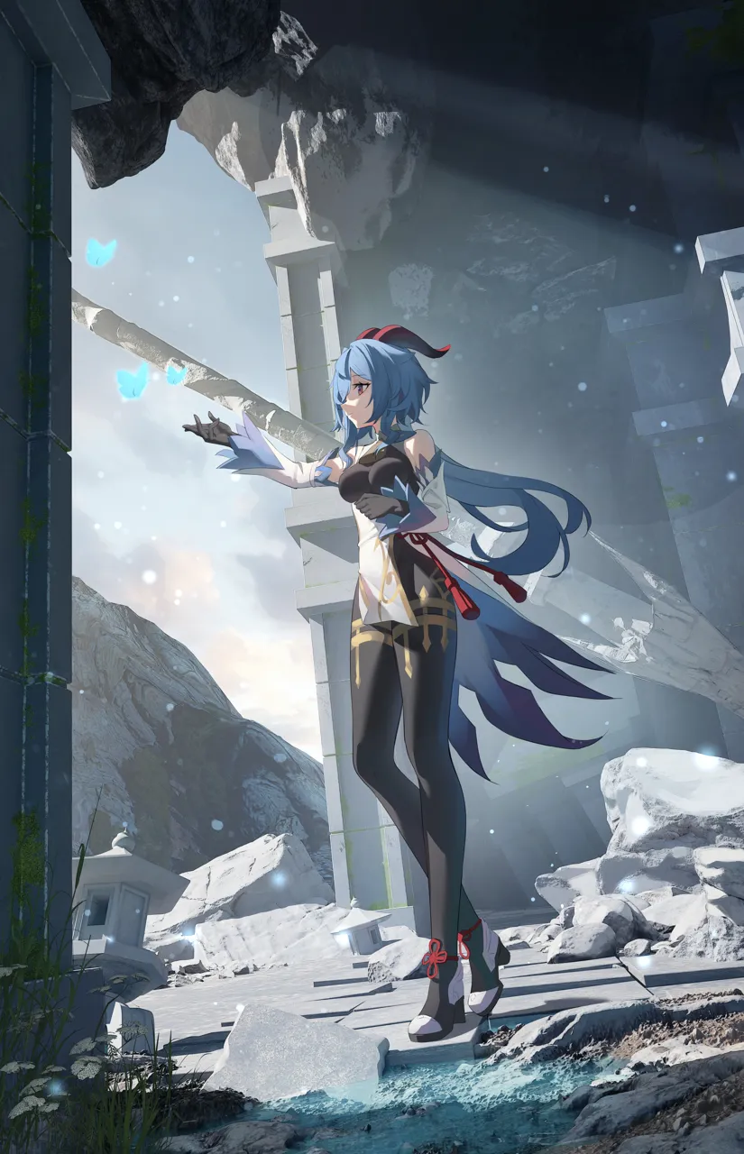 1girl black_bodysuit black_gloves blue_hair blue_sleeves bodysuit breasts detached_sleeves floating_hair full_body gloves halterneck horns long_sleeves medium_breasts red_eyes short_hair solo standing sunlight two_tone_sleeves white_sleeves angel_no_shousou genshin_impact ganyu__genshin_impact