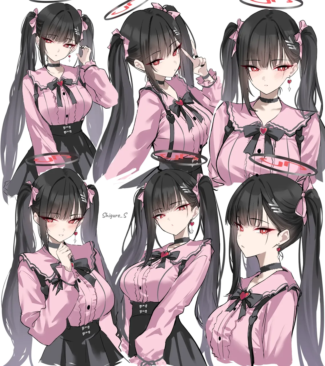 1girl alternate_costume alternate_hairstyle black_choker black_hair black_skirt blush breasts bright_pupils choker closed_mouth earrings hair_ornament hairclip halo hand_up jewelry jirai_kei large_breasts long_hair long_sleeves looking_at_viewer multiple_views parted_lips pink_shirt red_eyes shirt shirt_tucked_in simple_background skirt smile twintails v_sign white_background white_pupils shigure_s blue_archive rio__blue_archive