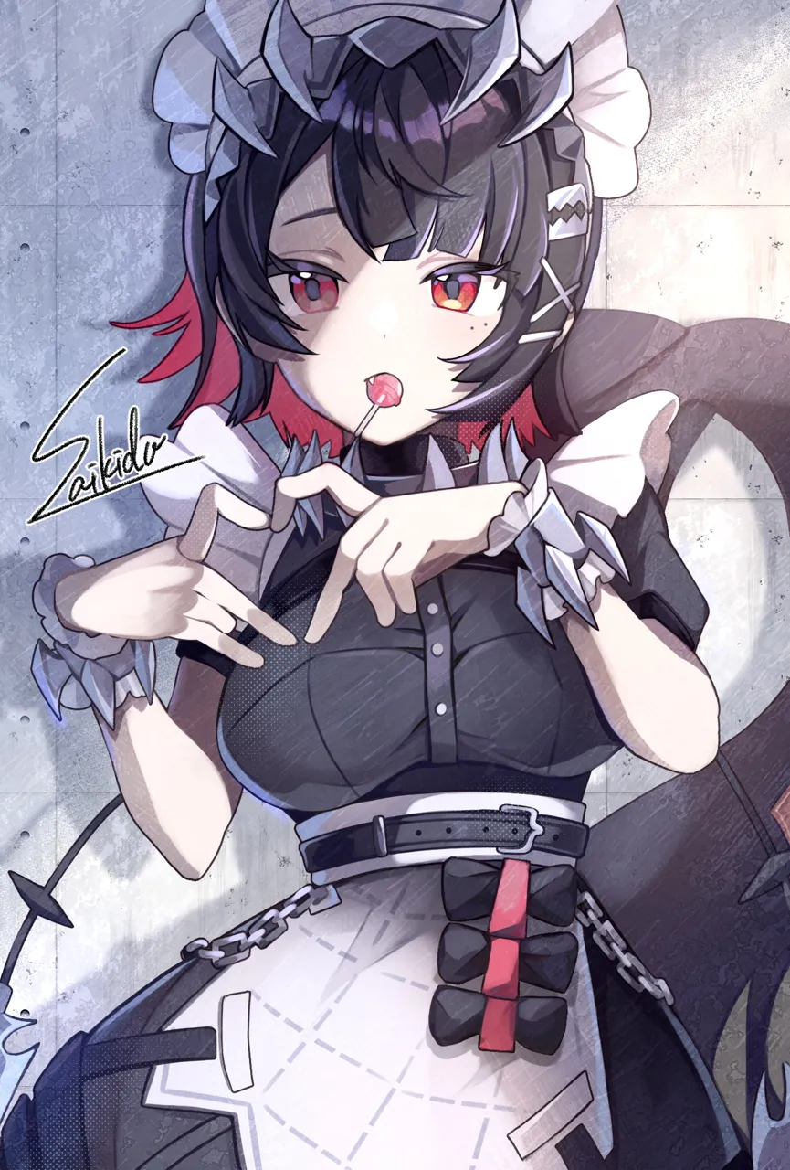 1girl apron black_bow black_dress black_hair bow breasts candy chain colored_inner_hair dress fins fish_tail food four_finger_heart_hands frilled_hairband frilled_wrist_cuffs frills hair_between_eyes hairband heart heart_hands large_breasts lollipop lollipop_in_mouth looking_at_viewer maid maid_apron maid_headdress mole mole_under_eye multicolored_hair open_mouth pink_hair puffy_short_sleeves puffy_sleeves red_eyes shark_girl shark_tail short_hair short_sleeves signature solo tail white_apron wrist_cuffs hitaren_illust zenless_zone_zero ellen_joe__zenless_zone_zero