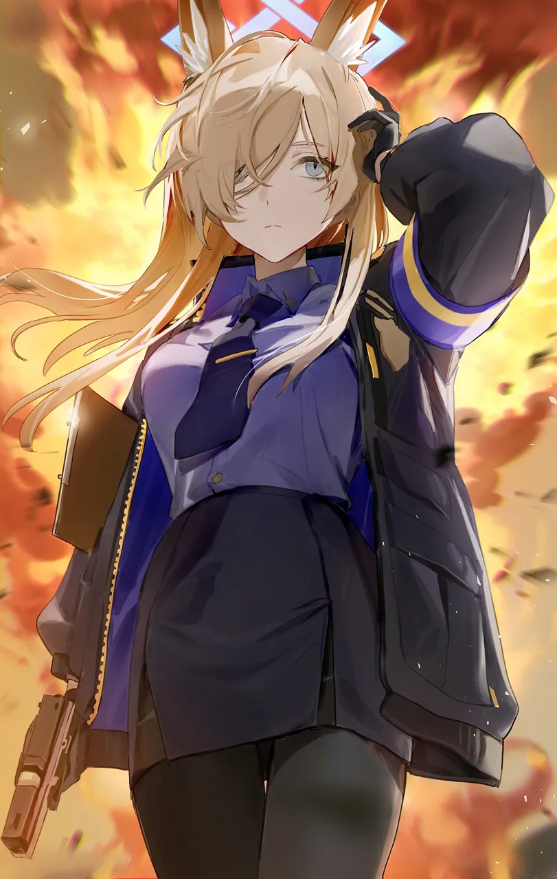 1girl animal_ear_fluff animal_ears black_gloves black_jacket black_necktie black_pantyhose black_skirt blonde_hair blue_eyes blue_halo blue_shirt breasts cowboy_shot dog_ears dog_girl explosion gloves gun hair_over_one_eye halo holding holding_gun holding_weapon jacket large_breasts long_hair necktie open_clothes open_jacket pantyhose pencil_skirt shirt skirt solo weapon flatshi blue_archive kanna__blue_archive