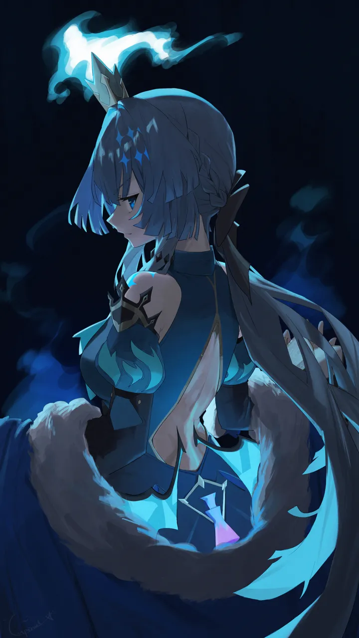 1girl back backless_dress backless_outfit blue_cape blue_dress blue_eyes blue_hair breasts cape crown detached_sleeves dress from_side fur_trimmed_cape fur_trim long_hair small_breasts solo very_long_hair wings lupinu5 honkai__star_rail honkai__series cerydra__honkai__star_rail
