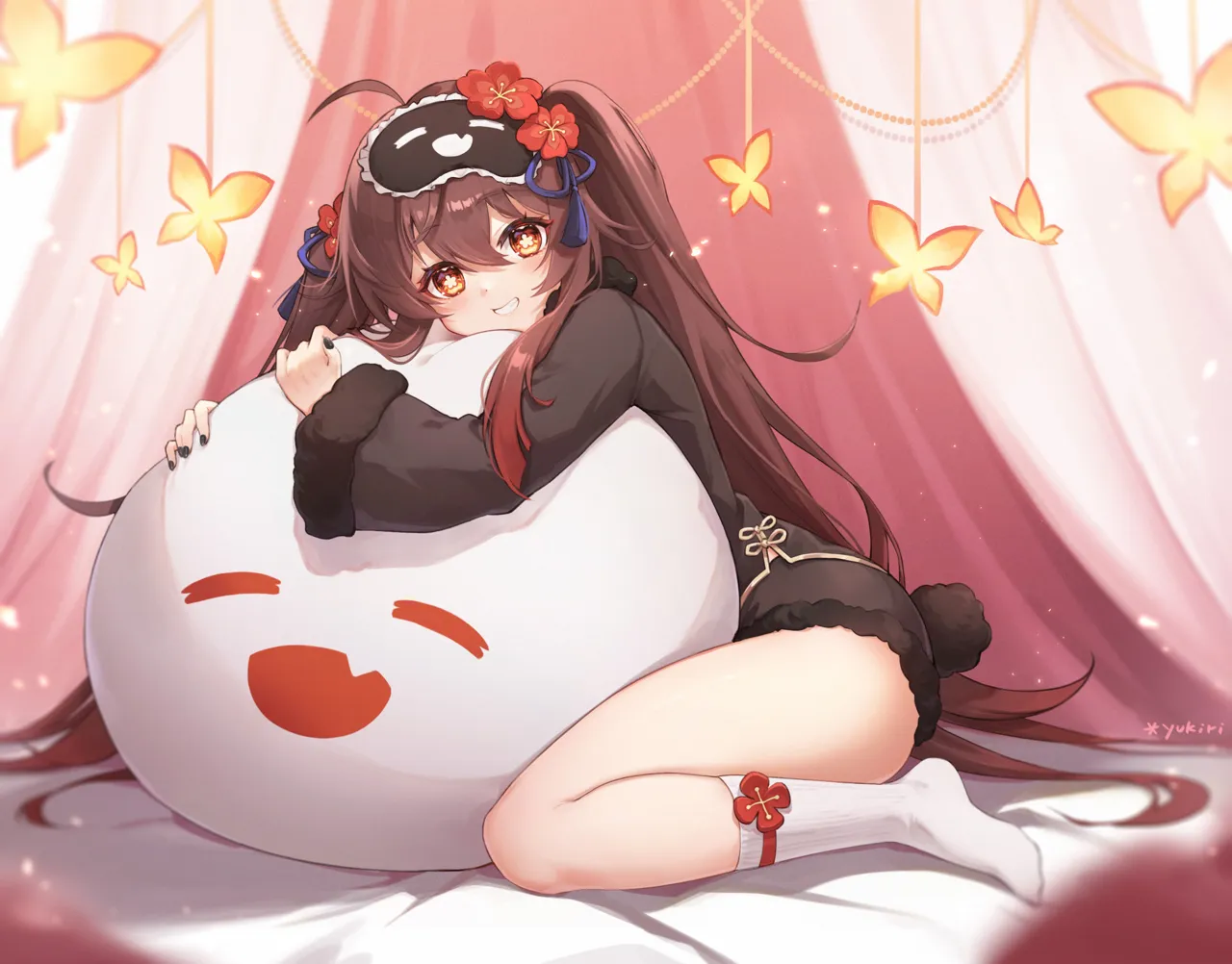 1girl bed_sheet black_nails brown_hair bug butterfly closed_eyes curtains fang feet flower full_body ghost hair_flower hair_ornament happy hug long_sleeves looking_at_viewer nail_polish on_bed open_mouth pillow red_eyes sleep_mask smile socks solo thighs twintails wide_sleeves yukiri__l_ii genshin_impact boo_tao__genshin_impact hu_tao__genshin_impact
