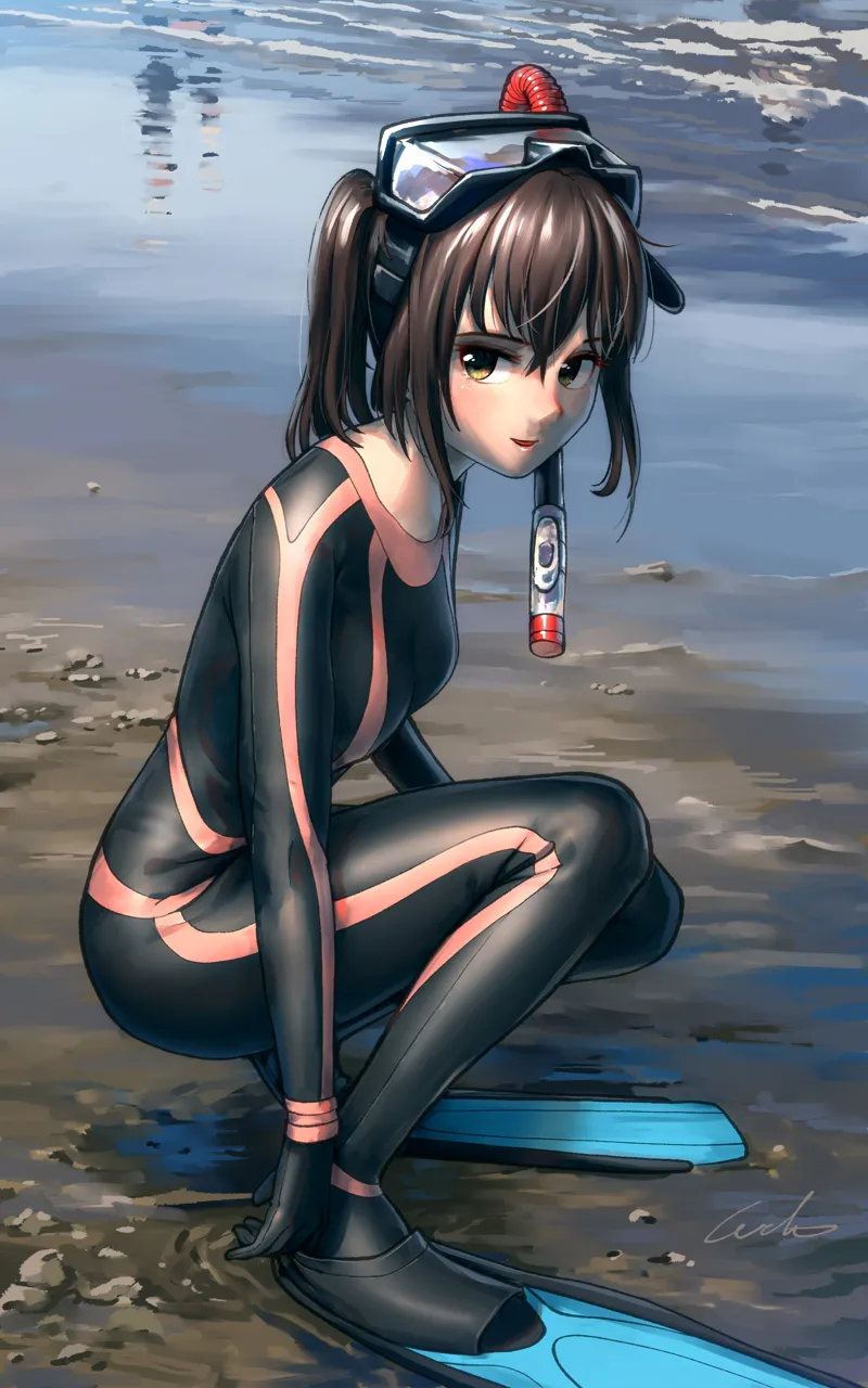 1girl artist_name beach black_bodysuit blush bodysuit brown_hair diving_mask diving_mask_on_head diving_suit flippers full_body goggles goggles_on_head green_eyes looking_at_viewer medium_hair ocean open_mouth outdoors ponytail sand signature snorkel solo squatting wetsuit yellow_eyes welt__kinsei_koutenkyoku kantai_collection sendai__kancolle