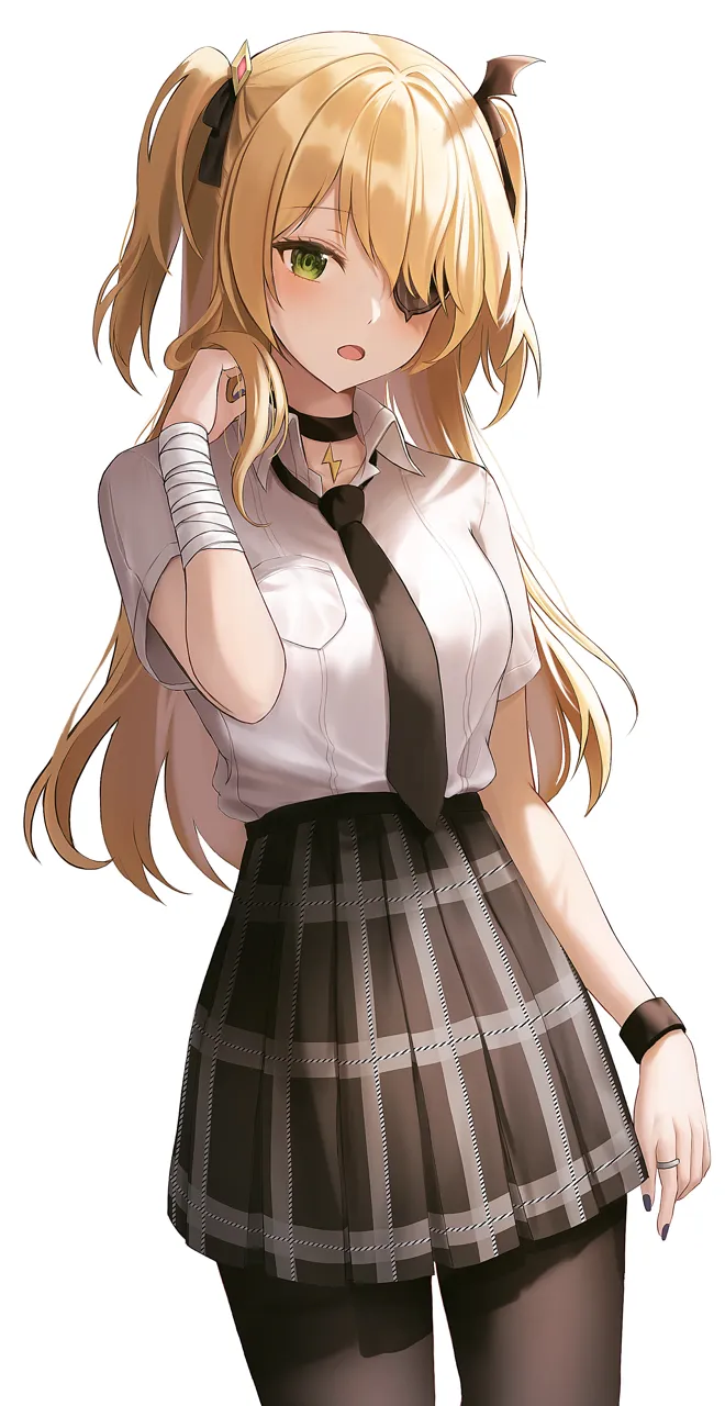 1girl alternate_costume arm_at_side bandaged_wrist bandages black_choker black_nails black_necktie black_pantyhose black_ribbon black_skirt blonde_hair blush breasts choker collared_shirt cowboy_shot dress_shirt eyepatch green_eyes hair_ornament hair_over_one_eye hand_in_own_hair hand_up jewelry lightning_bolt_symbol long_hair looking_at_viewer medium_breasts necktie open_mouth pantyhose pleated_skirt ribbon ring school_uniform shirt shirt_tucked_in short_sleeves simple_background skirt solo two_tone_skirt two_side_up white_background white_shirt wristband hini_ni genshin_impact fischl__genshin_impact