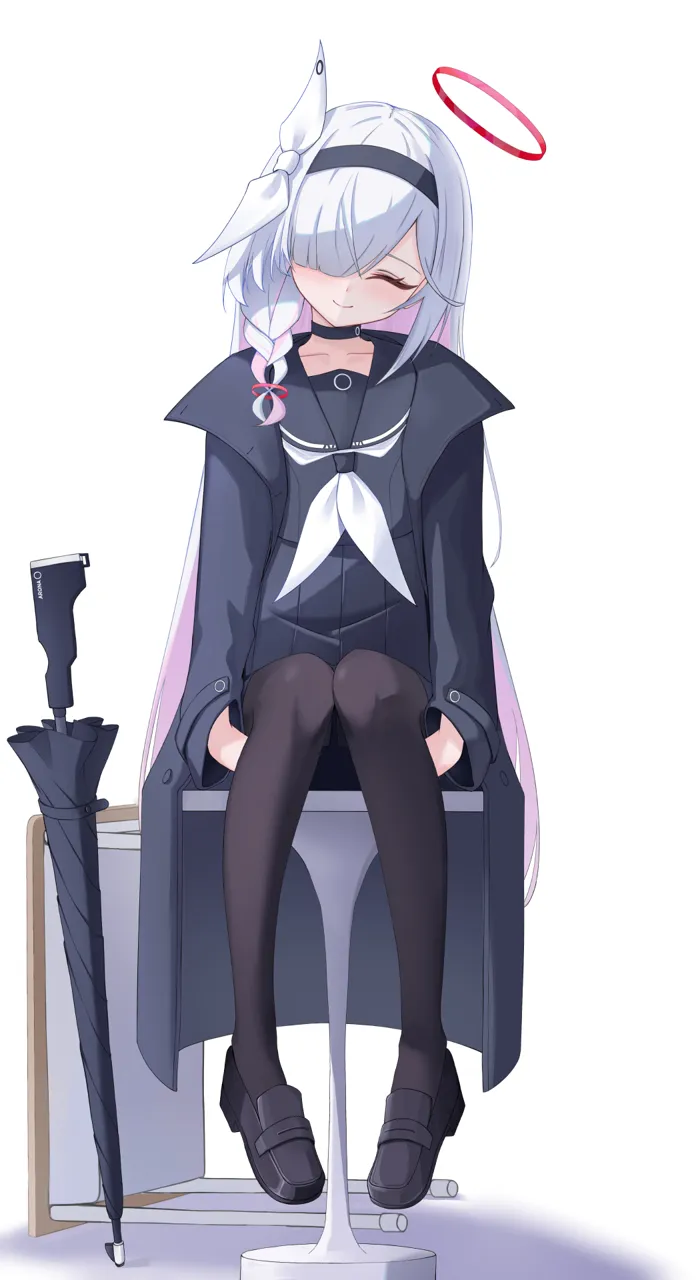 1girl black_choker black_coat black_hairband black_pantyhose black_sailor_collar black_serafuku black_shirt black_shoes black_skirt blunt_bangs blush bow braid choker closed_eyes closed_mouth coat collarbone facing_viewer full_body hair_bow hair_over_one_eye hairband halo happy head_tilt loafers long_bangs long_sleeves miniskirt neckerchief on_chair one_eye_covered open_clothes open_coat pantyhose pleated_skirt red_halo sailor_collar school_uniform serafuku shirt shoes simple_background single_braid sitting skirt smile solo straight_on white_background white_bow white_neckerchief wide_sleeves dere_mono_j blue_archive plana__blue_archive