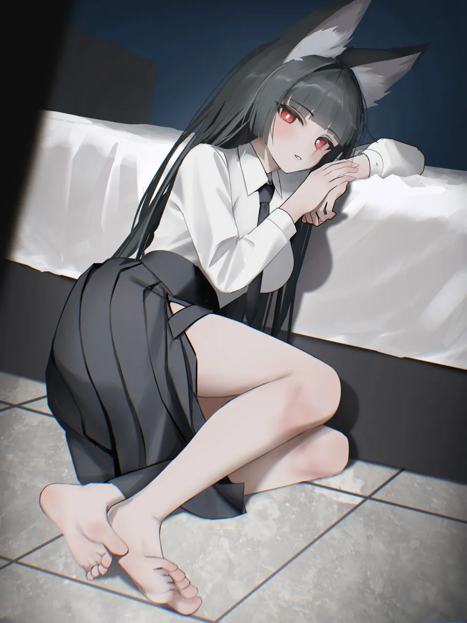 1girl animal_ear_fluff animal_ears black_hair black_skirt blunt_bangs chromatic_aberration feet fox_ears fox_girl full_body high_waist_skirt indoors long_hair looking_at_viewer parted_lips red_eyes shadow sidelocks skirt soles solo toes thomas_8000 zenless_zone_zero hoshimi_miyabi__zenless_zone_zero
