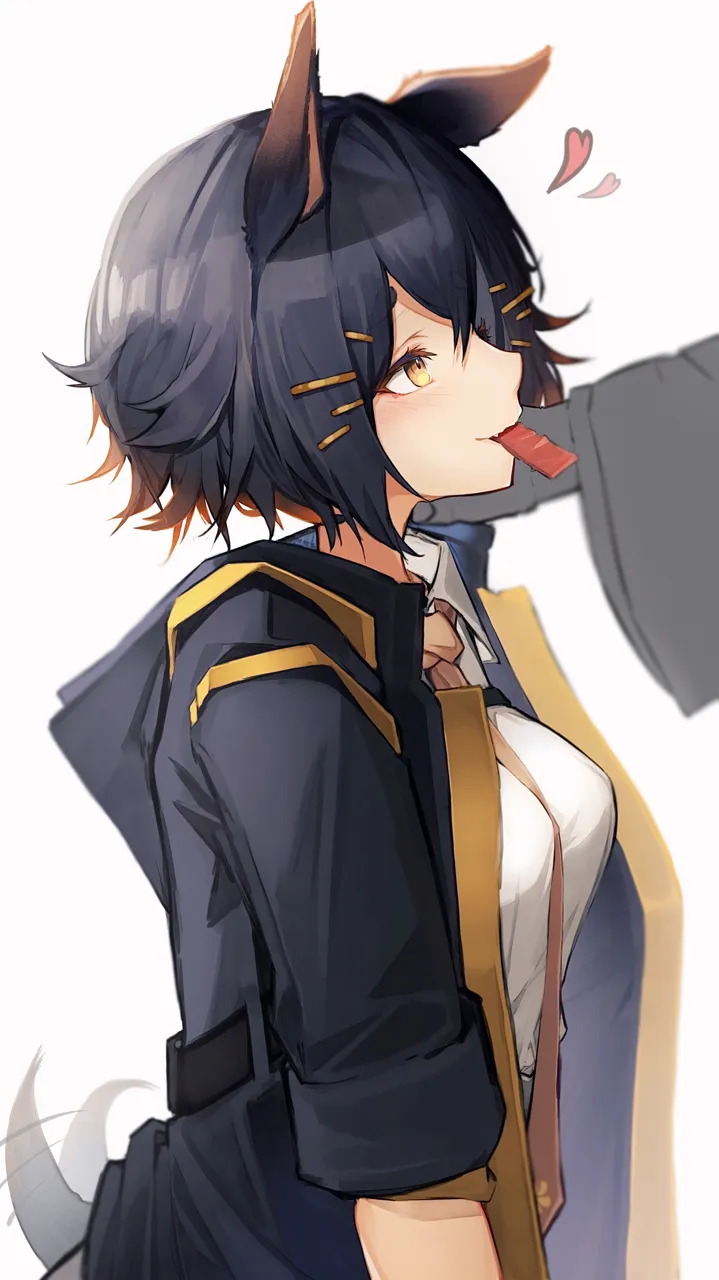 1girl afterimage animal_ears between_breasts black_coat black_hair blush breasts coat collared_shirt dog_ears dog_girl dog_tail food from_side gradient_hair hair_ornament hairclip jerky looking_at_another medium_breasts motion_lines mouth_hold multicolored_hair necktie necktie_between_breasts open_clothes open_coat orange_necktie profile red_hair shirt short_hair short_sleeves smile solo_focus tail tail_wagging upper_body white_shirt yellow_eyes tab_head arknights jackie__arknights