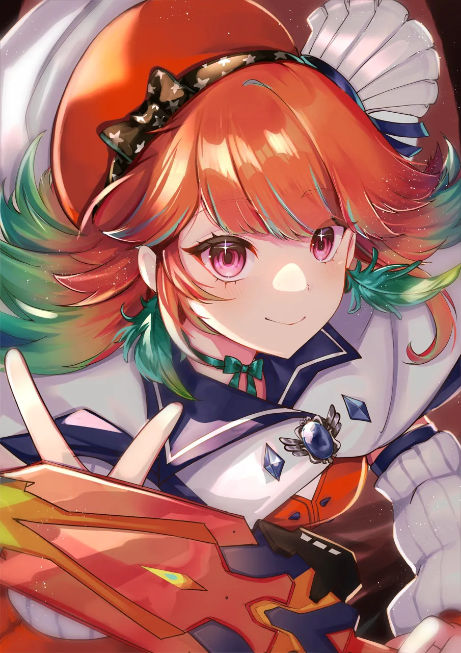 1girl beret bow bow_choker cape choker cloak detached_sleeves earrings feather_earrings feathers gradient_hair green_choker green_hair hat jewelry long_hair looking_at_viewer mini_chef_hat multicolored_hair multiple_hats official_alternate_costume orange_hair smile solo virtual_youtuber white_cloak tactoki enigmatic_recollection hololive hololive_english takanashi_kiara takanashi_kiara__1st_costume