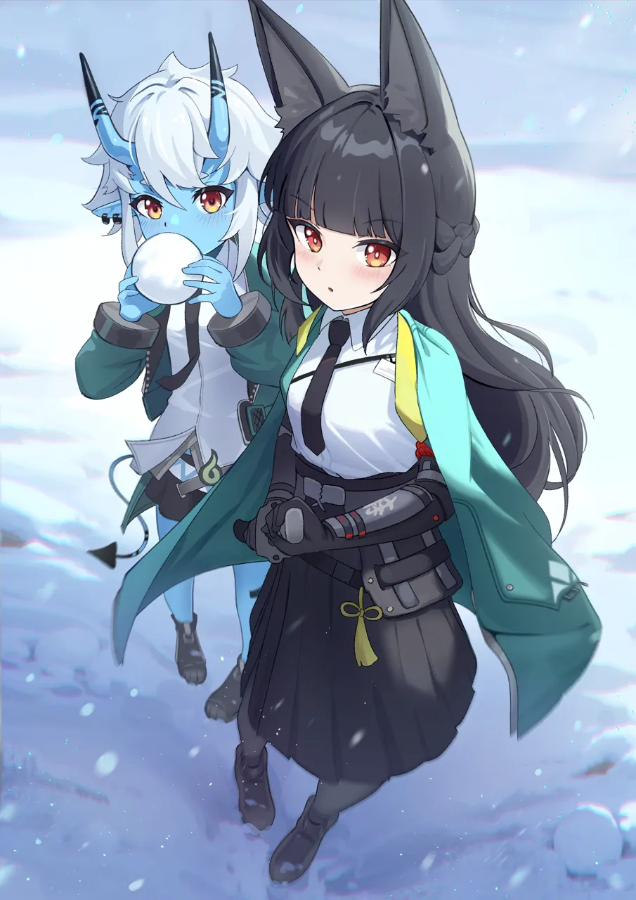 2girls animal_ear_fluff animal_ears aqua_jacket belt black_hair black_skirt blue_oni blunt_bangs blush boots braid breasts brown_eyes choker collared_shirt earrings fox_ears fox_girl full_body grey_pantyhose high_waist_skirt horns jacket jewelry large_breasts long_hair long_sleeves looking_at_viewer medium_breasts multiple_girls necktie oni pantyhose pointy_ears red_eyes shirt short_hair sidelocks skin_covered_horns skirt small_breasts snow tail white_hair white_shirt aviary zenless_zone_zero hoshimi_miyabi__zenless_zone_zero soukaku__zenless_zone_zero