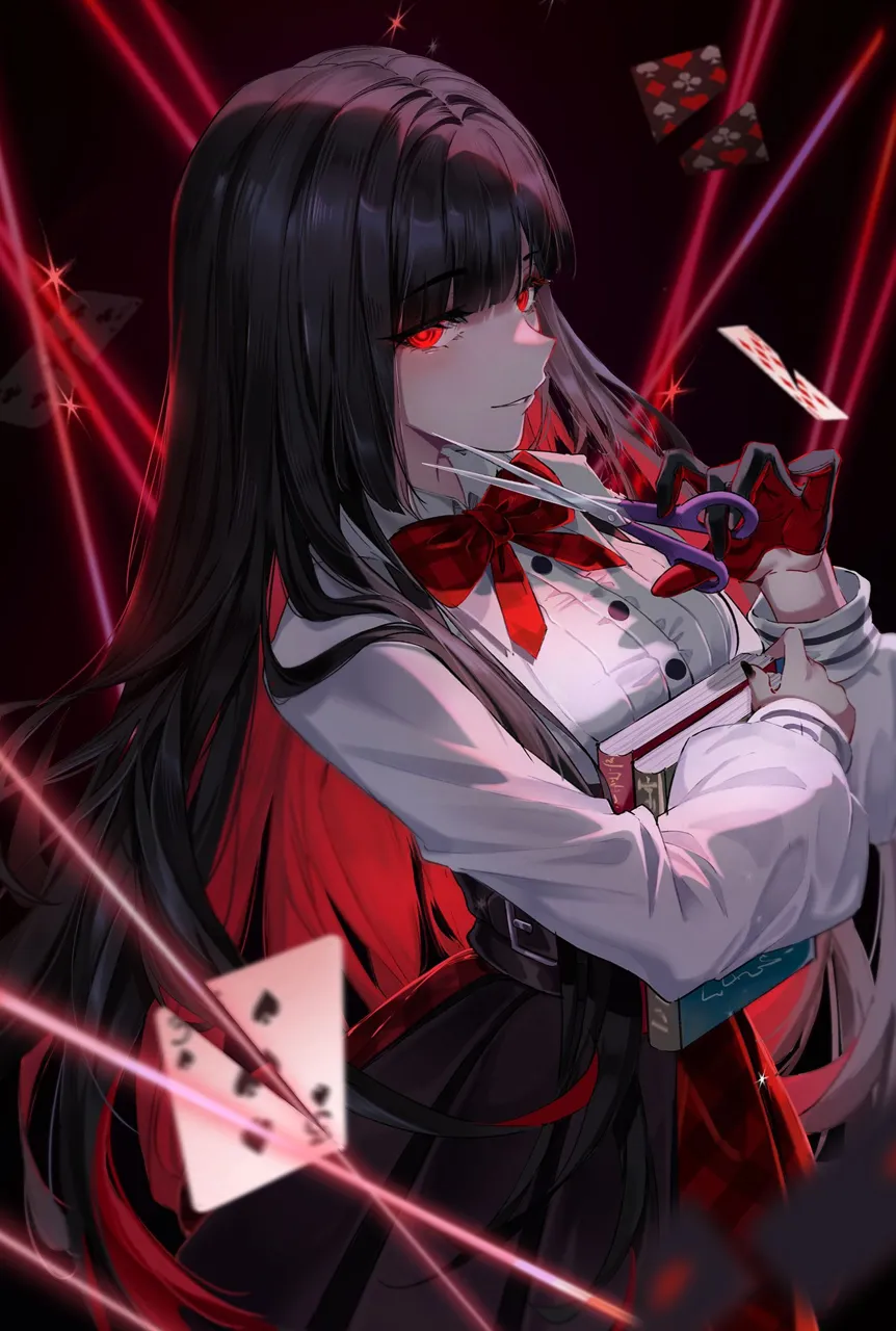 1girl belt blurry blurry_foreground book bow bowtie card dark_background depth_of_field gloves glowing_lines half_gloves hime_cut holding holding_book light_smile long_hair long_sleeves looking_at_viewer playing_card red_bow red_bowtie red_eyes scissors shirt single_glove string three_of_spades white_shirt mihan__mihan_art lisara_scarletdream