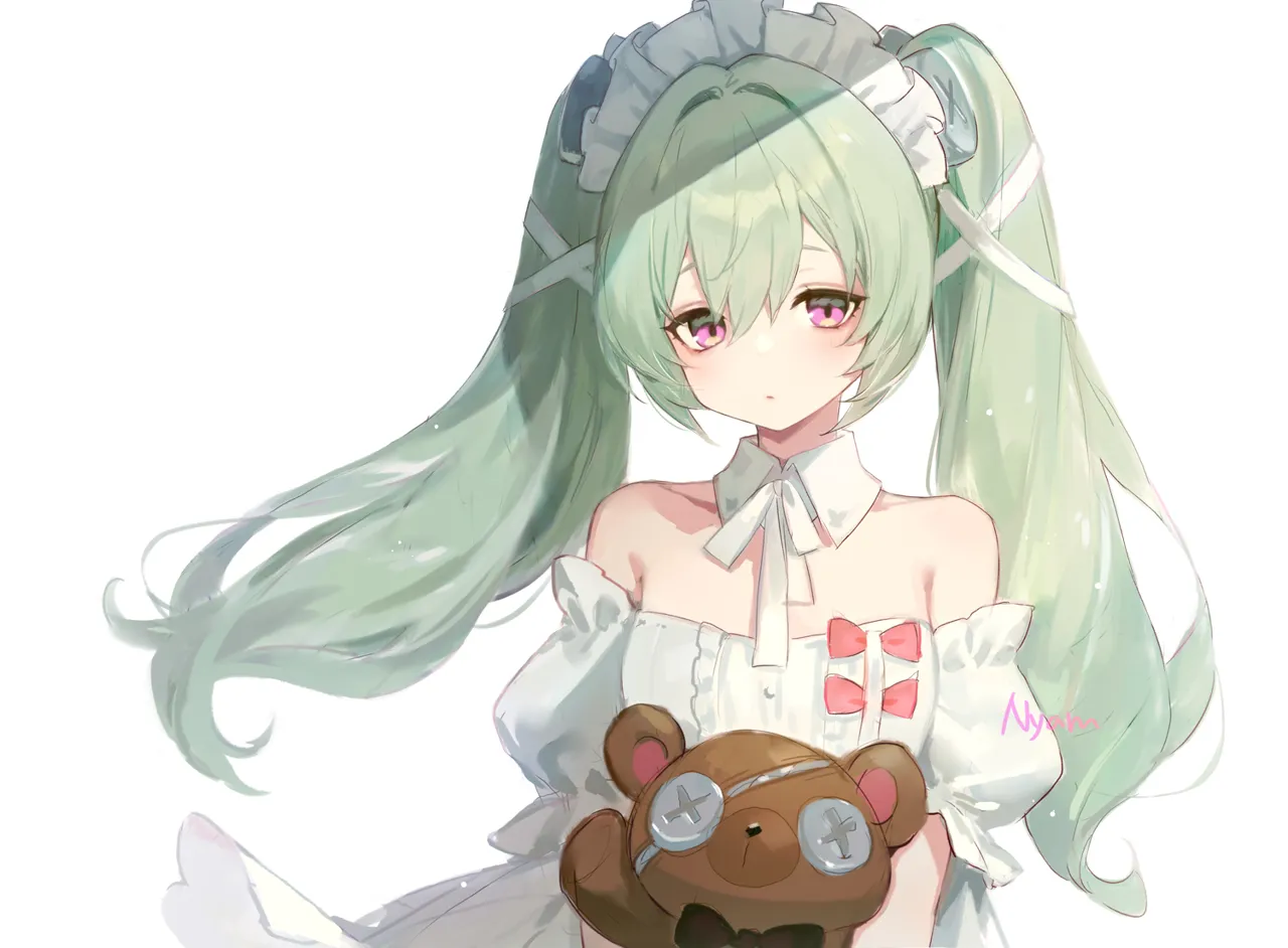 1girl alternate_costume artist_name blunt_bangs detached_sleeves dress green_hair light_blush long_hair looking_at_viewer purple_eyes sidelocks simple_background solo stuffed_animal stuffed_toy teddy_bear twintails white_background white_dress adelie_cat zenless_zone_zero corin_wickes__zenless_zone_zero