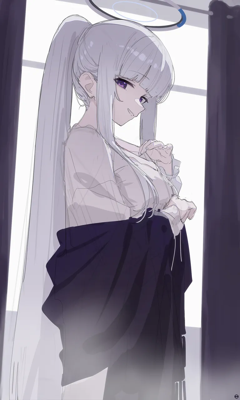 1girl blunt_bangs breasts curtains dress grey_hair grin halo indoors large_breasts long_hair long_sleeves looking_at_viewer official_alternate_costume pajamas purple_eyes purple_shawl shawl sidelocks sketch smile solo very_long_hair white_dress window songchuan_li blue_archive noa__blue_archive noa__pajamas__blue_archive