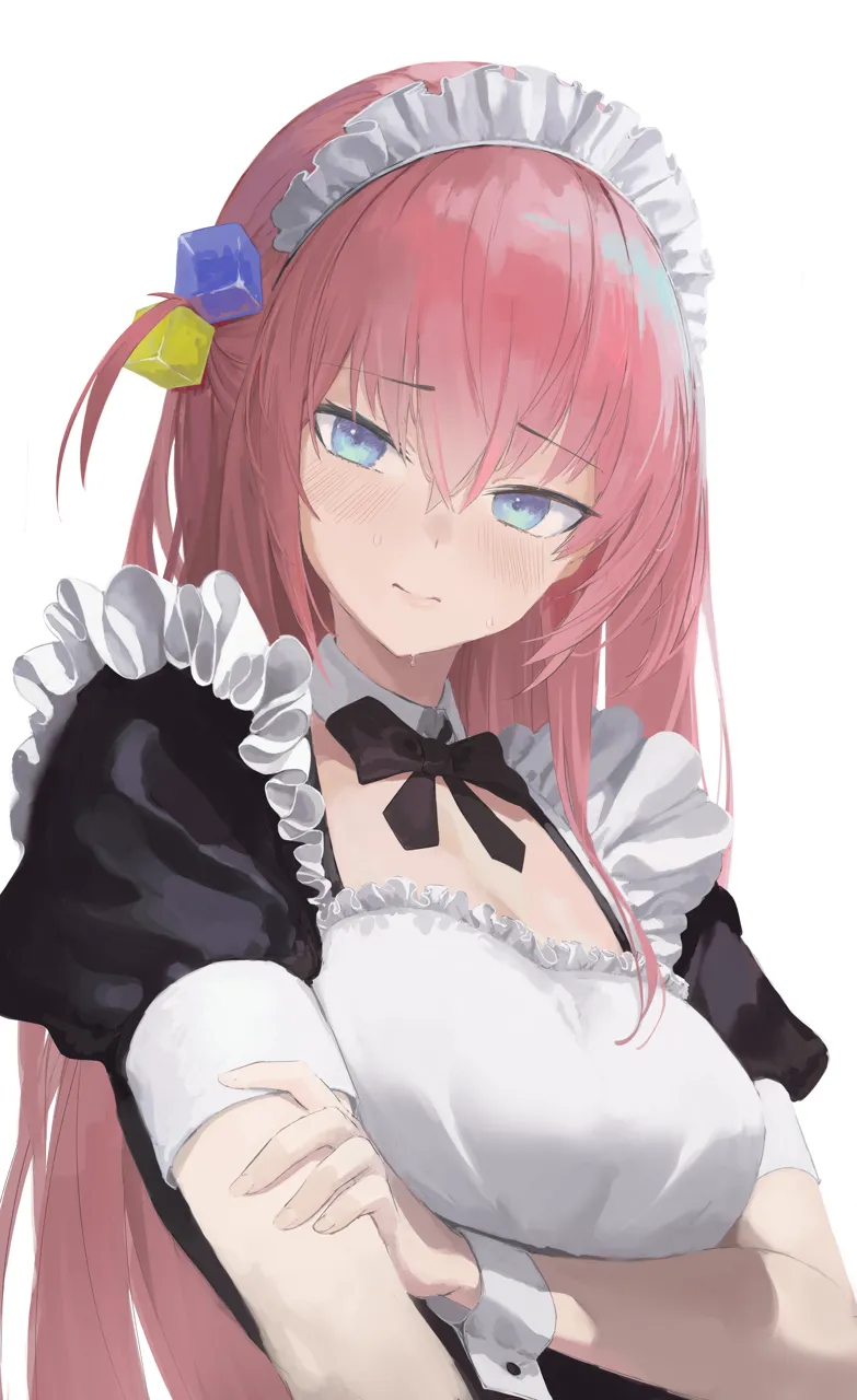 1girl arm_under_breasts blue_eyes breasts cube_hair_ornament hair_ornament large_breasts long_hair maid maid_headdress official_alternate_costume one_side_up pink_hair puffy_short_sleeves puffy_sleeves short_sleeves simple_background solo sweat upper_body white_background wrist_cuffs darr1o bocchi_the_rock gotoh_hitori__bocchi_the_rock