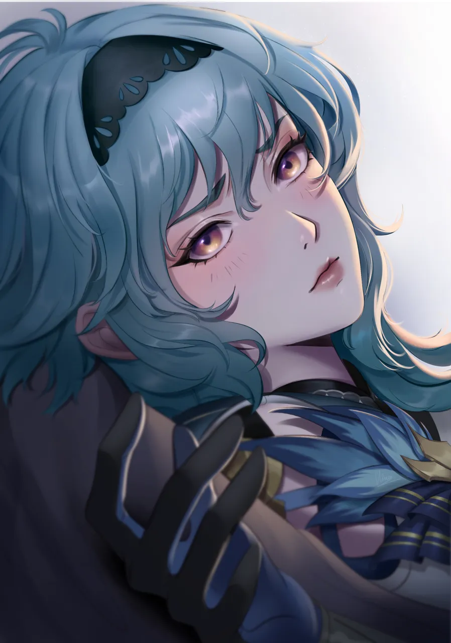 1girl black_gloves black_hairband close_up gloves hairband light_blush lips looking_at_viewer medium_hair multicolored_eyes solo mihan__mihan_art genshin_impact eula__genshin_impact