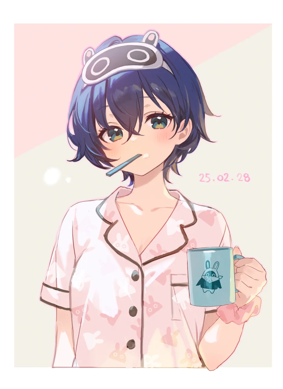 1girl alternate_costume blue_hair collarbone cup dated green_eyes holding holding_cup mask mask_on_head pajamas pink_pajamas scrunchie short_hair sleep_mask solo toothbrush toothbrush_in_mouth two_tone_background upper_body wrist_scrunchie adelie_cat zenless_zone_zero belle__zenless_zone_zero eous__zenless_zone_zero