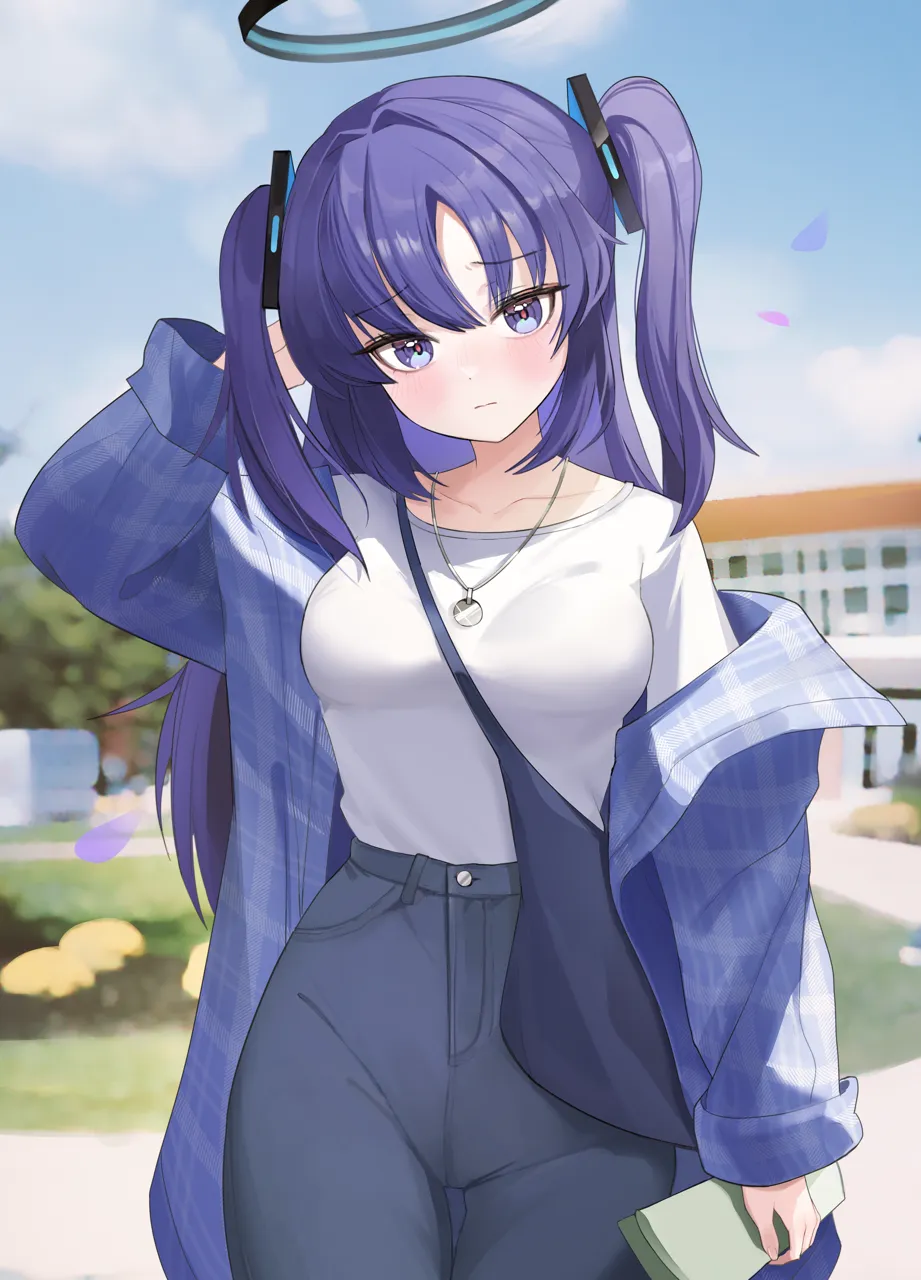 1girl alternate_costume black_pants blush breasts closed_mouth cowboy_shot day halo long_hair long_sleeves mechanical_halo outdoors pants purple_eyes purple_hair shirt solo two_side_up white_shirt zije blue_archive yuuka__blue_archive