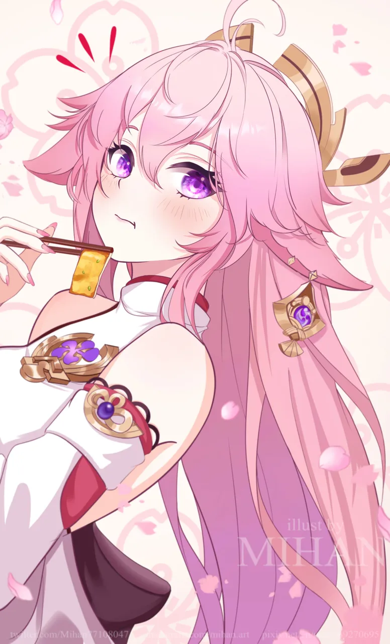 1girl ahoge animal_ears artist_name bare_shoulders blush breasts cherry_blossoms chopsticks detached_sleeves earrings eating eyelashes falling_petals fingernails food food_in_mouth fox_ears headgear holding holding_chopsticks japanese_clothes jewelry large_breasts lips long_hair long_sleeves looking_at_viewer mitsudomoe__shape necklace notice_lines petals pink_hair pink_nails purple_eyes solo tofu tomoe__symbol turtleneck vision__genshin_impact mihan__mihan_art genshin_impact yae_miko__genshin_impact