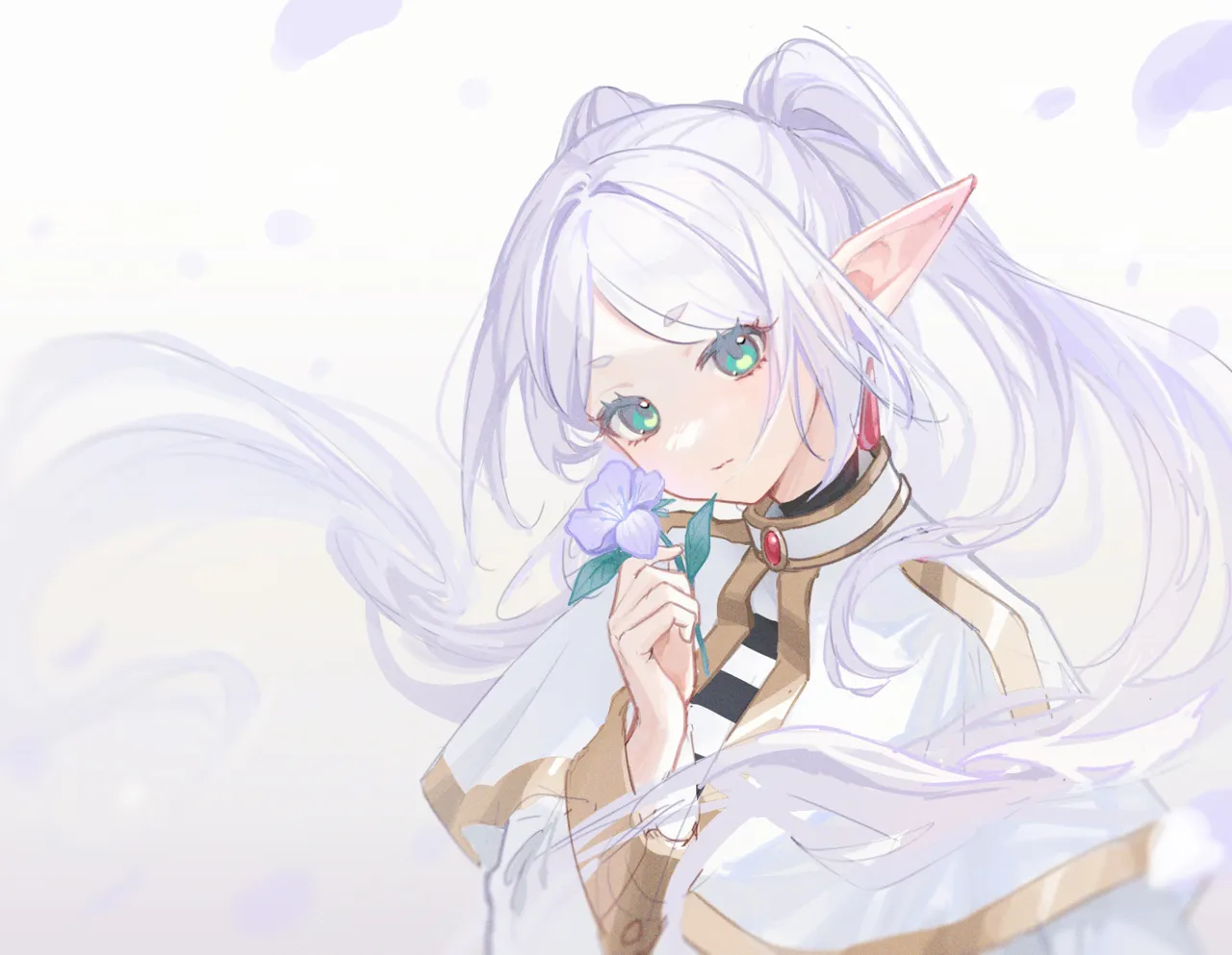 1girl blue_flower capelet earrings elf expressionless floating_earring flower gold_trim gradient_background green_eyes grey_background head_tilt holding holding_flower jewelry long_hair long_sleeves looking_at_viewer pointy_ears shirt simple_background solo striped_clothes striped_shirt twintails very_long_hair white_background white_capelet white_hair yukiri__l_ii sousou_no_frieren frieren__sousou_no_frieren