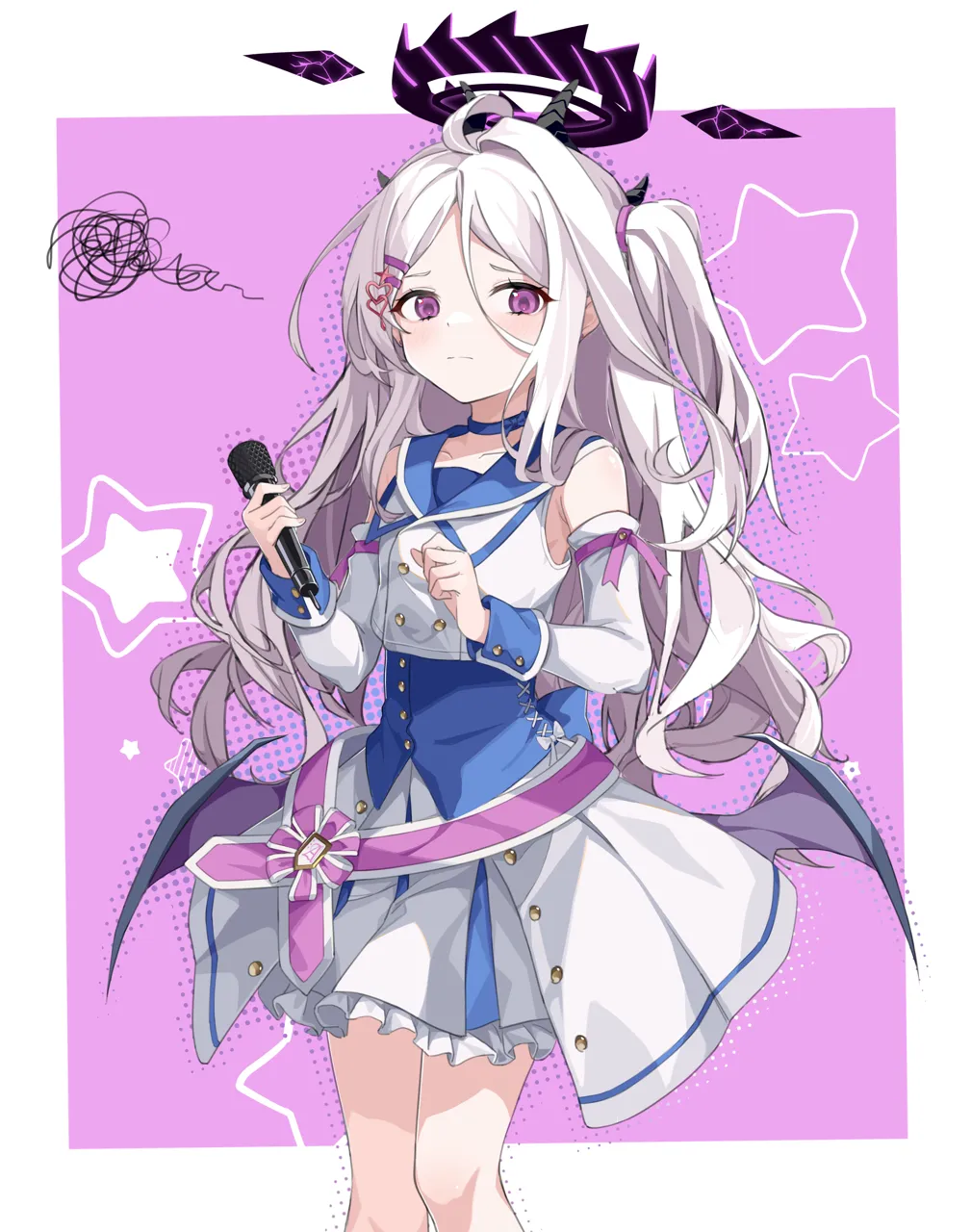 1girl ahoge alternate_costume choker collarbone demon_girl demon_horns demon_wings detached_sleeves hair_between_eyes hair_ornament hairclip halo holding holding_microphone horns idol long_hair long_sleeves looking_at_viewer microphone mischievous_straight_uniform__blue_archive one_side_up parted_bangs pleated_skirt purple_eyes sidelocks simple_background skirt solo two_tone_background white_hair wings yume__454565427 blue_archive hina__blue_archive